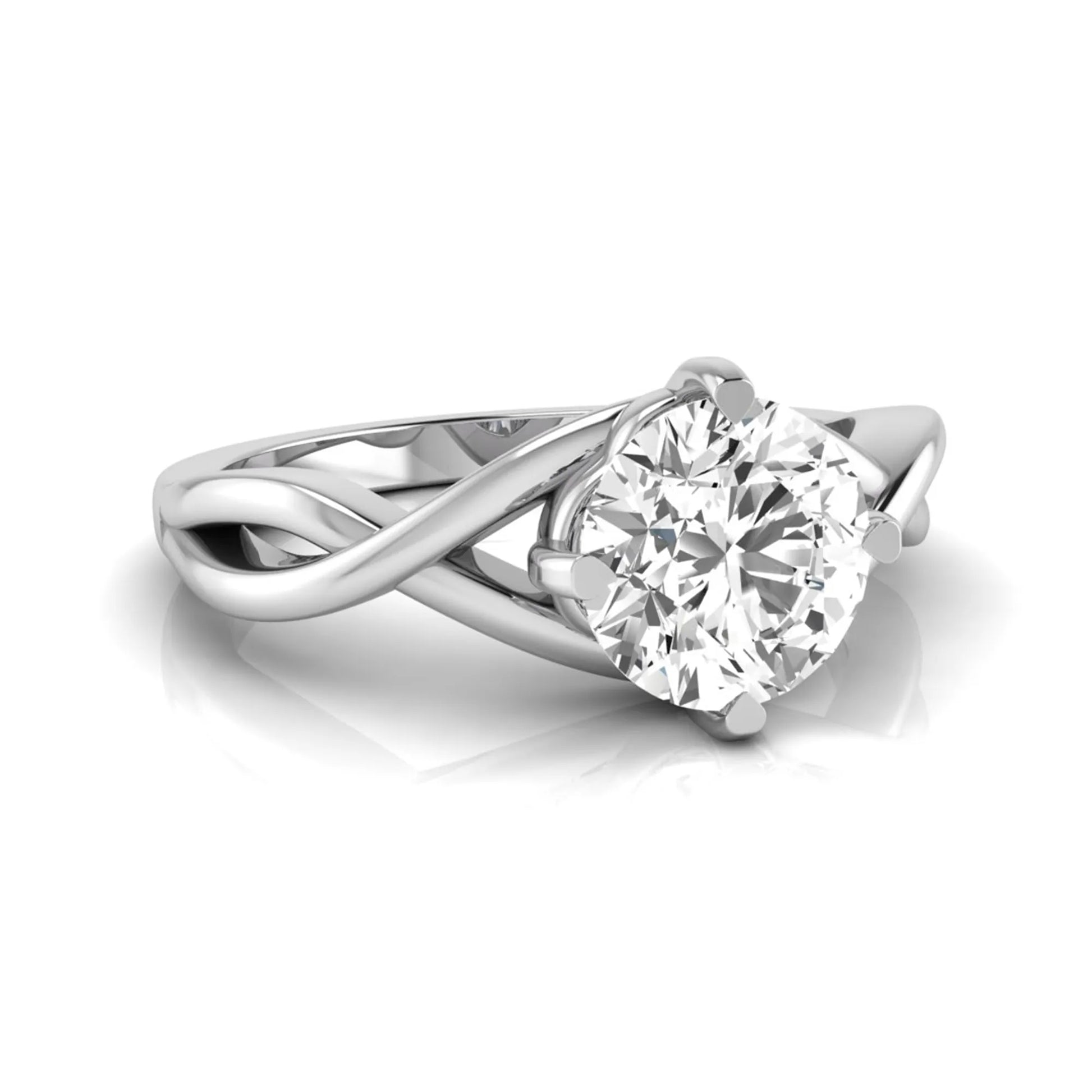 Round cut lab grown diamond engagement ring featuring a four-prong solitaire setting with an infinity-inspired crossover shank and polished white gold tone band.