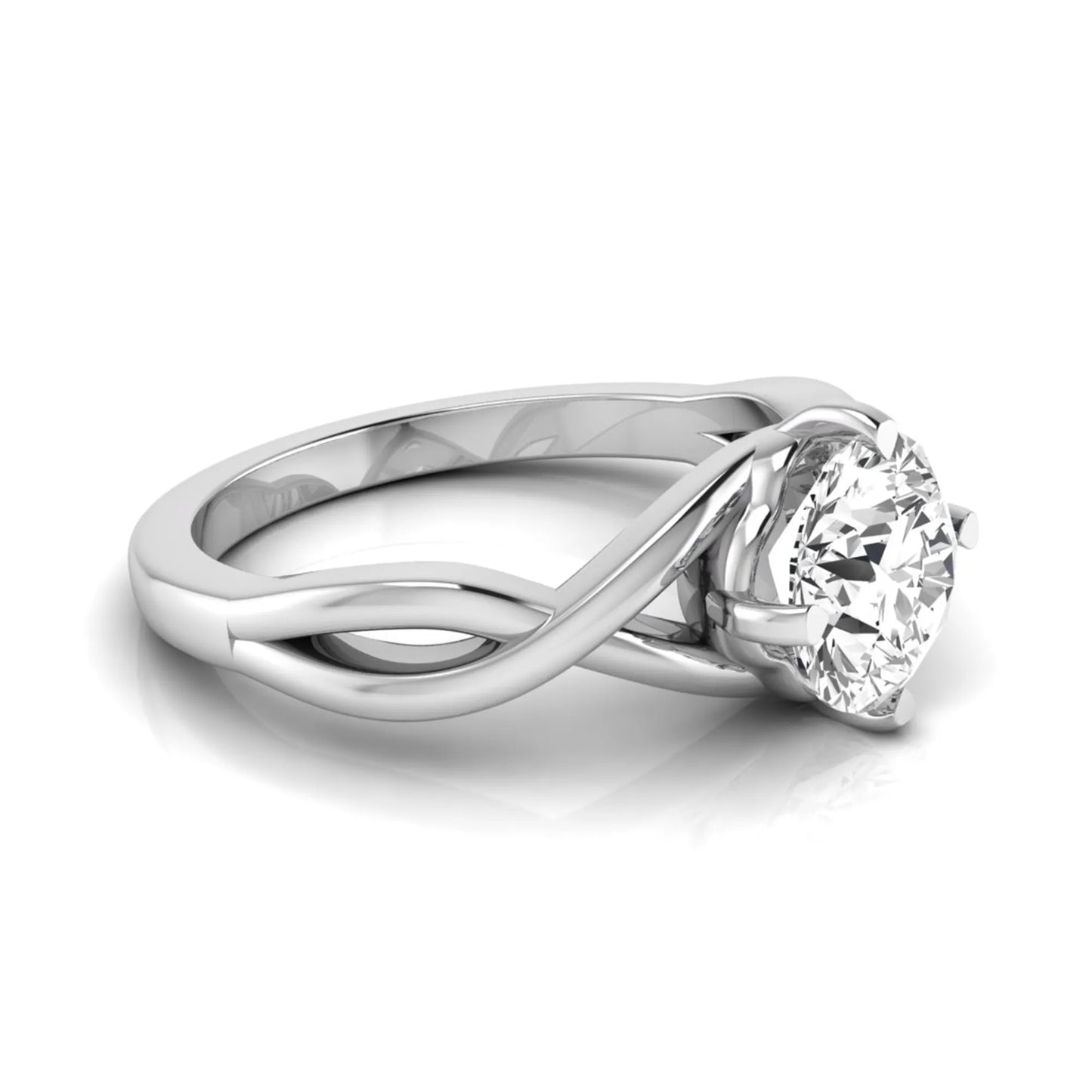 Round cut lab grown diamond engagement ring featuring a four-prong solitaire setting with an infinity-inspired crossover shank and polished white gold tone band.
