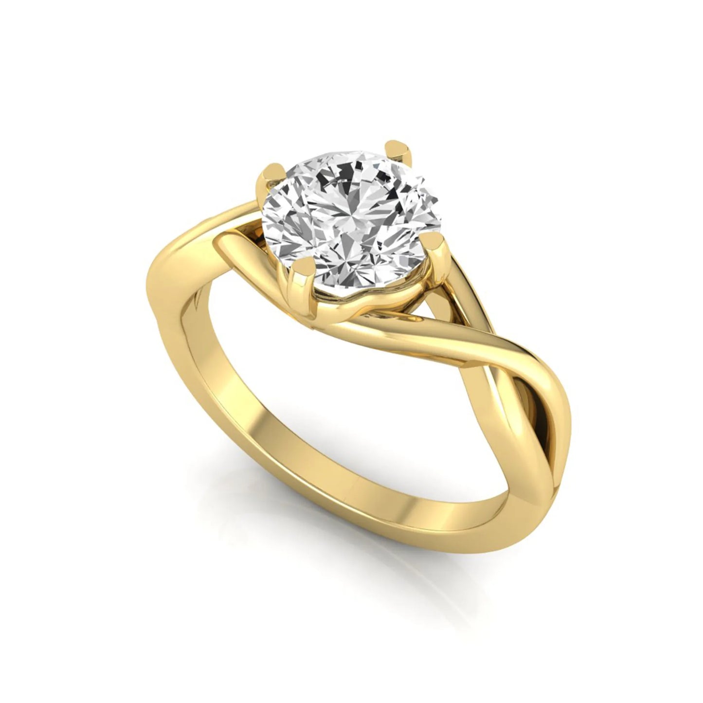 Round cut lab grown diamond engagement ring featuring a four-prong solitaire setting with an infinity-inspired crossover shank and polished yellow gold tone band.
