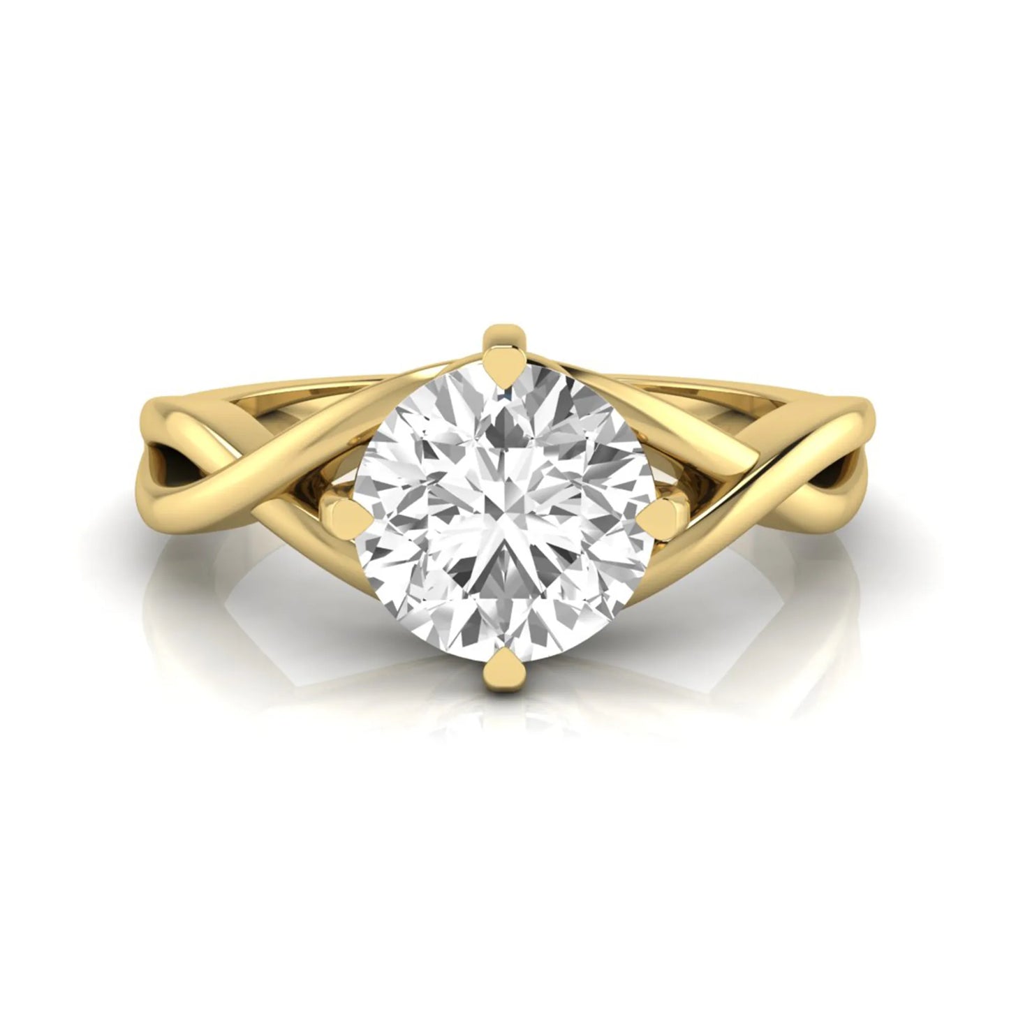 Round cut lab grown diamond engagement ring featuring a four-prong solitaire setting with an infinity-inspired crossover shank and polished yellow gold tone band.