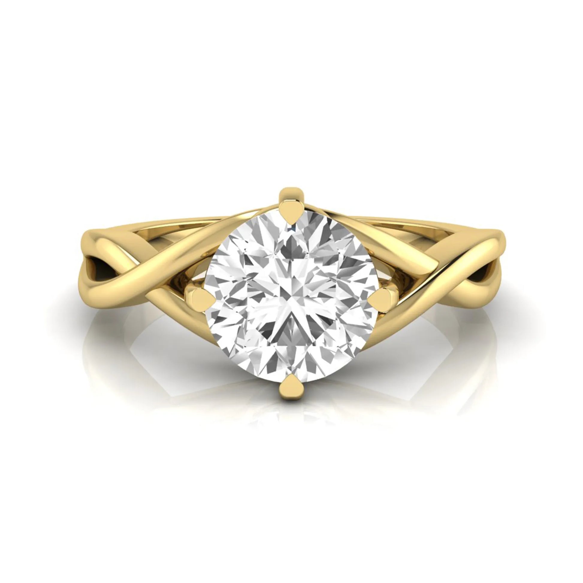 Round cut lab grown diamond engagement ring featuring a four-prong solitaire setting with an infinity-inspired crossover shank and polished yellow gold tone band.