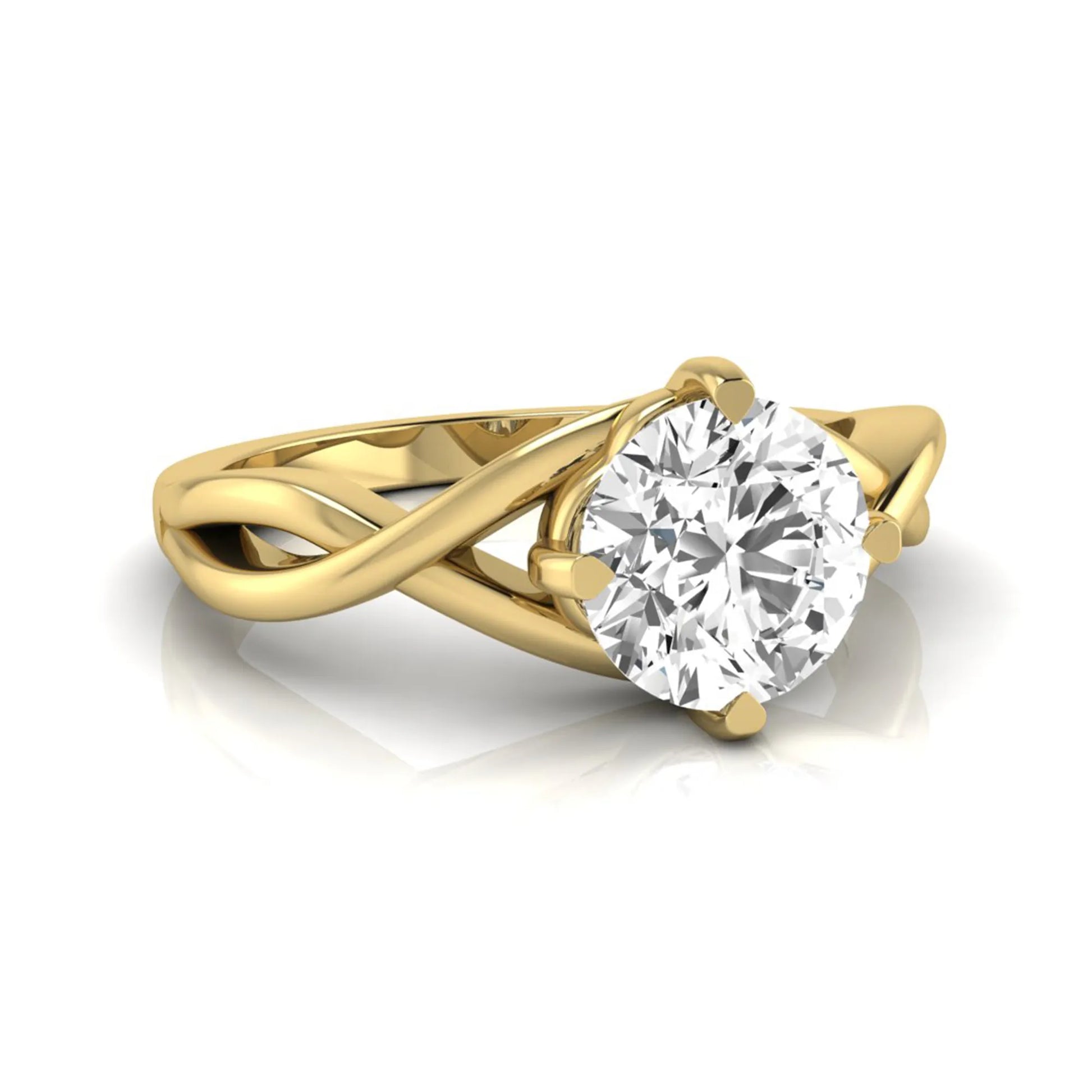 Round cut lab grown diamond engagement ring featuring a four-prong solitaire setting with an infinity-inspired crossover shank and polished yellow gold tone band.