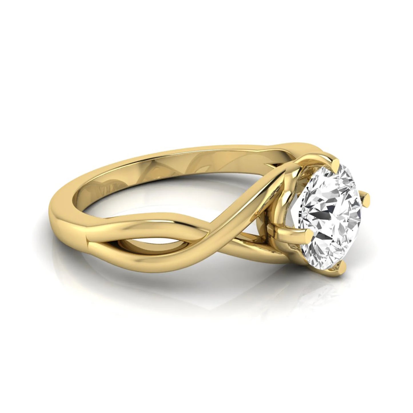 Round cut lab grown diamond engagement ring featuring a four-prong solitaire setting with an infinity-inspired crossover shank and polished yellow gold tone band.
