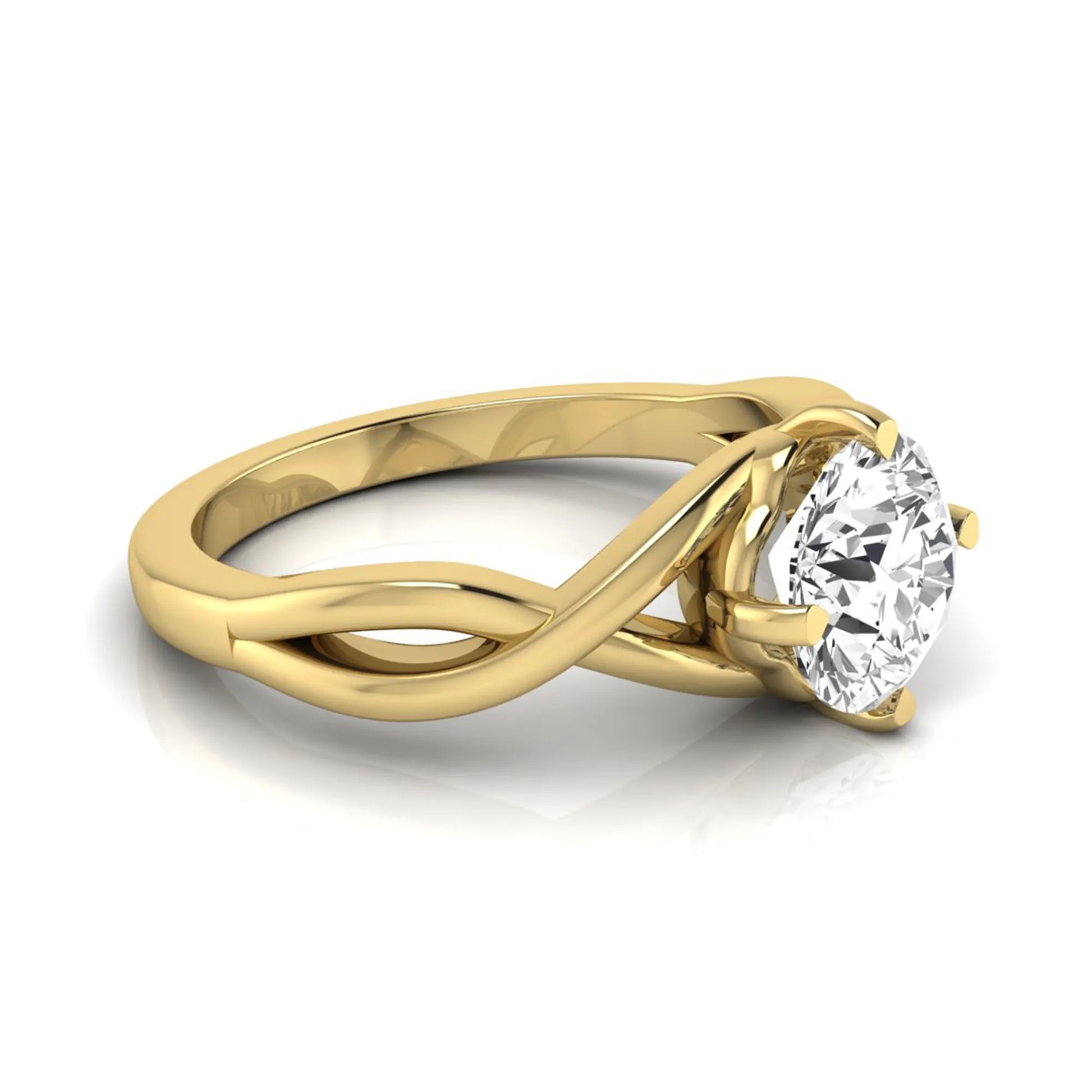 Round cut lab grown diamond engagement ring featuring a four-prong solitaire setting with an infinity-inspired crossover shank and polished yellow gold tone band.