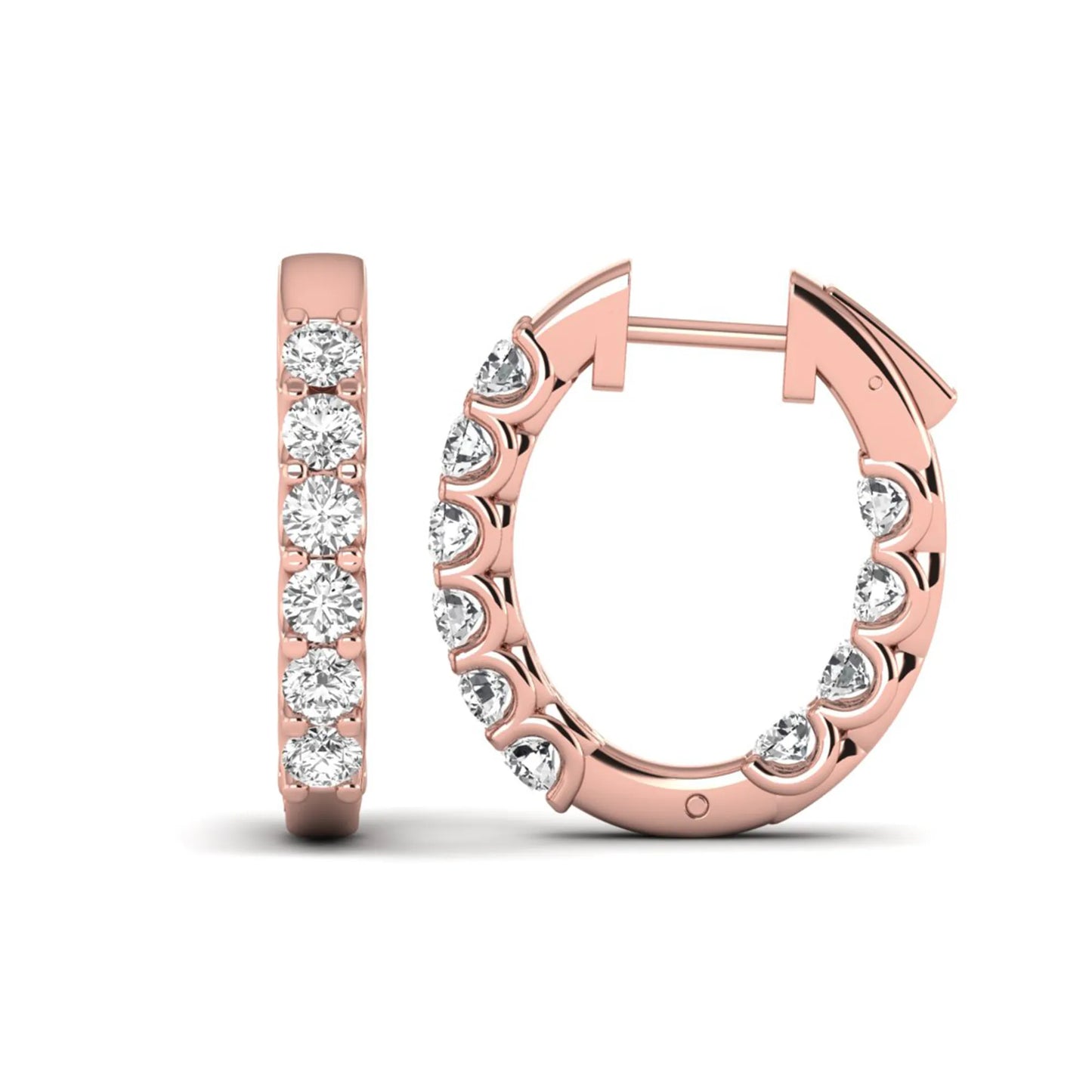 Round cut lab grown diamond inside-out hoop earrings featuring shared prong settings, hinged snap closure, and rose gold tone design.