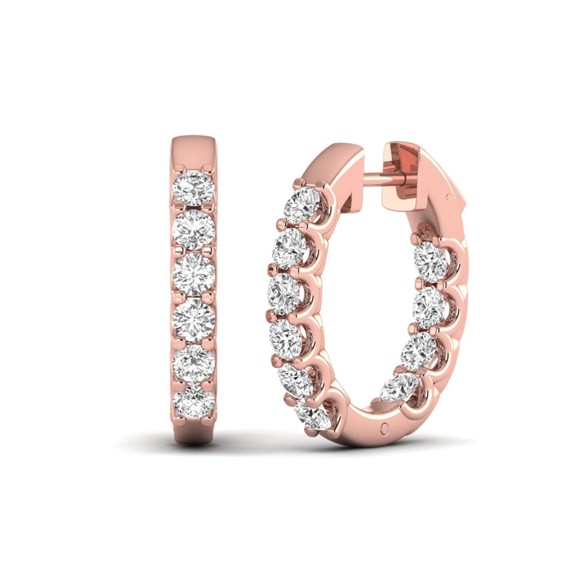 Round cut lab grown diamond inside-out hoop earrings featuring shared prong settings, hinged snap closure, and rose gold tone design.