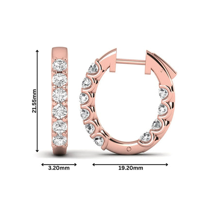 Round cut lab grown diamond inside-out hoop earrings featuring shared prong settings, hinged snap closure, and rose gold tone design.