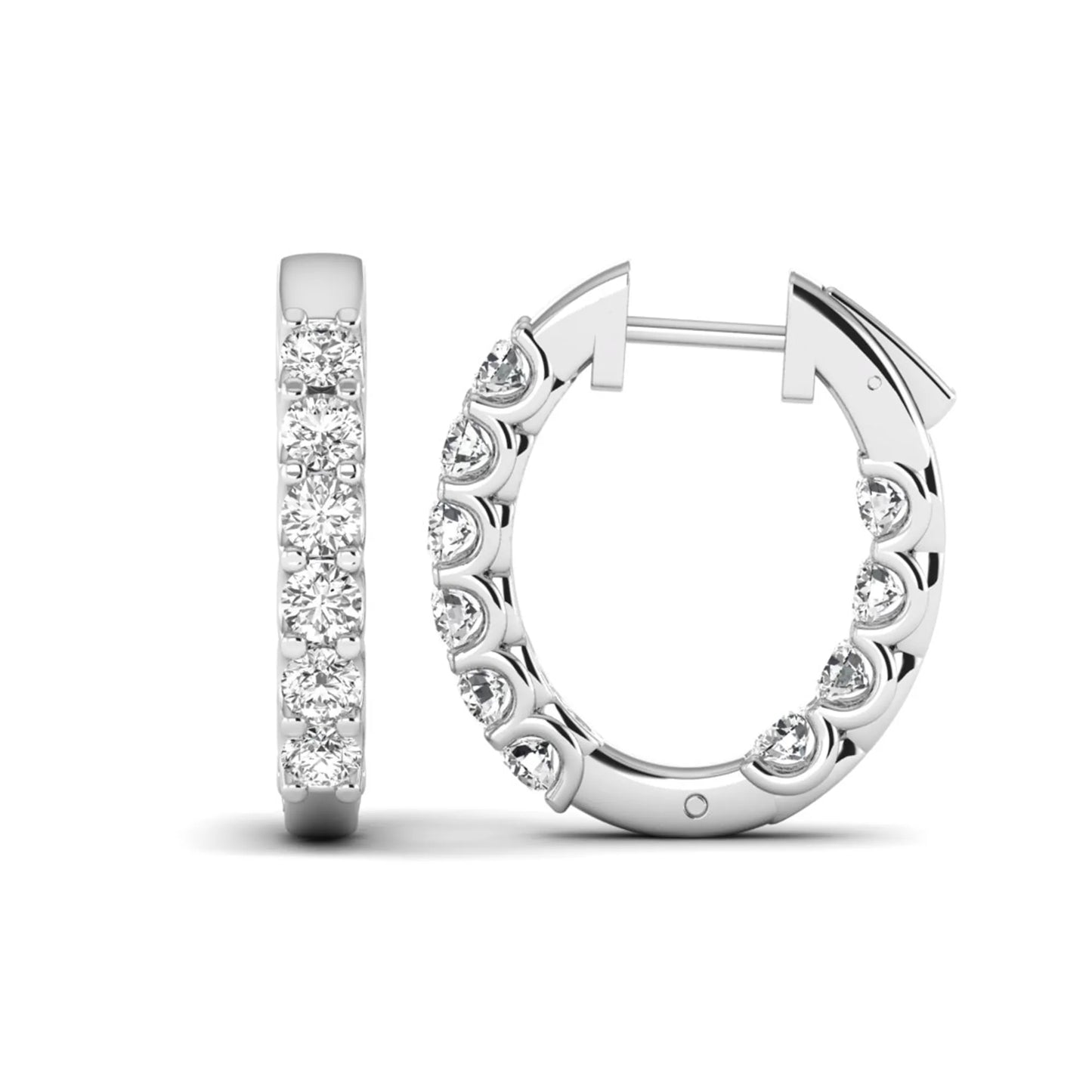 Round cut lab grown diamond inside-out hoop earrings featuring shared prong settings, hinged snap closure, and white gold tone design.