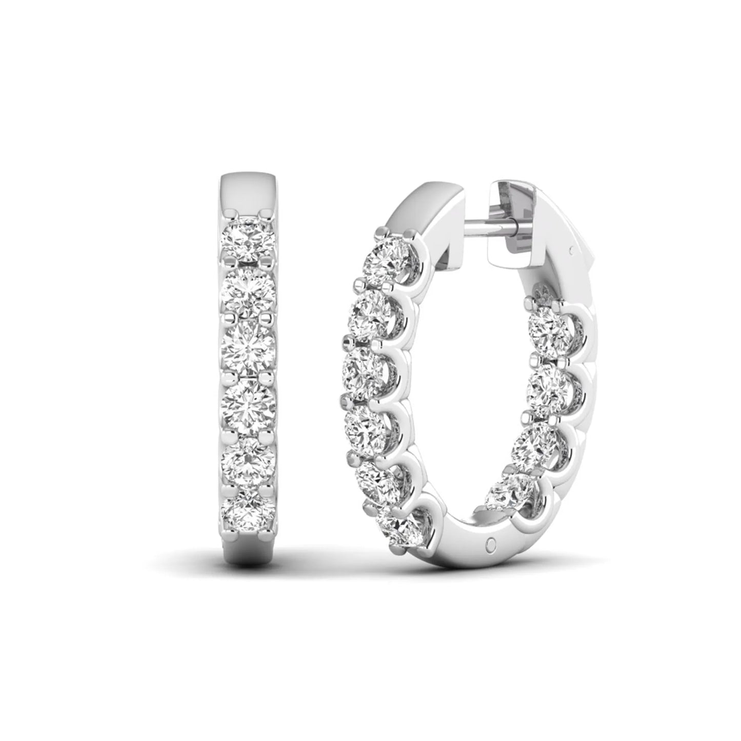 Round cut lab grown diamond inside-out hoop earrings featuring shared prong settings, hinged snap closure, and white gold tone design.