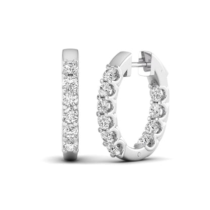 Round cut lab grown diamond inside-out hoop earrings featuring shared prong settings, hinged snap closure, and white gold tone design.