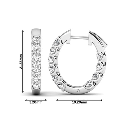 Round cut lab grown diamond inside-out hoop earrings featuring shared prong settings, hinged snap closure, and white gold tone design.
