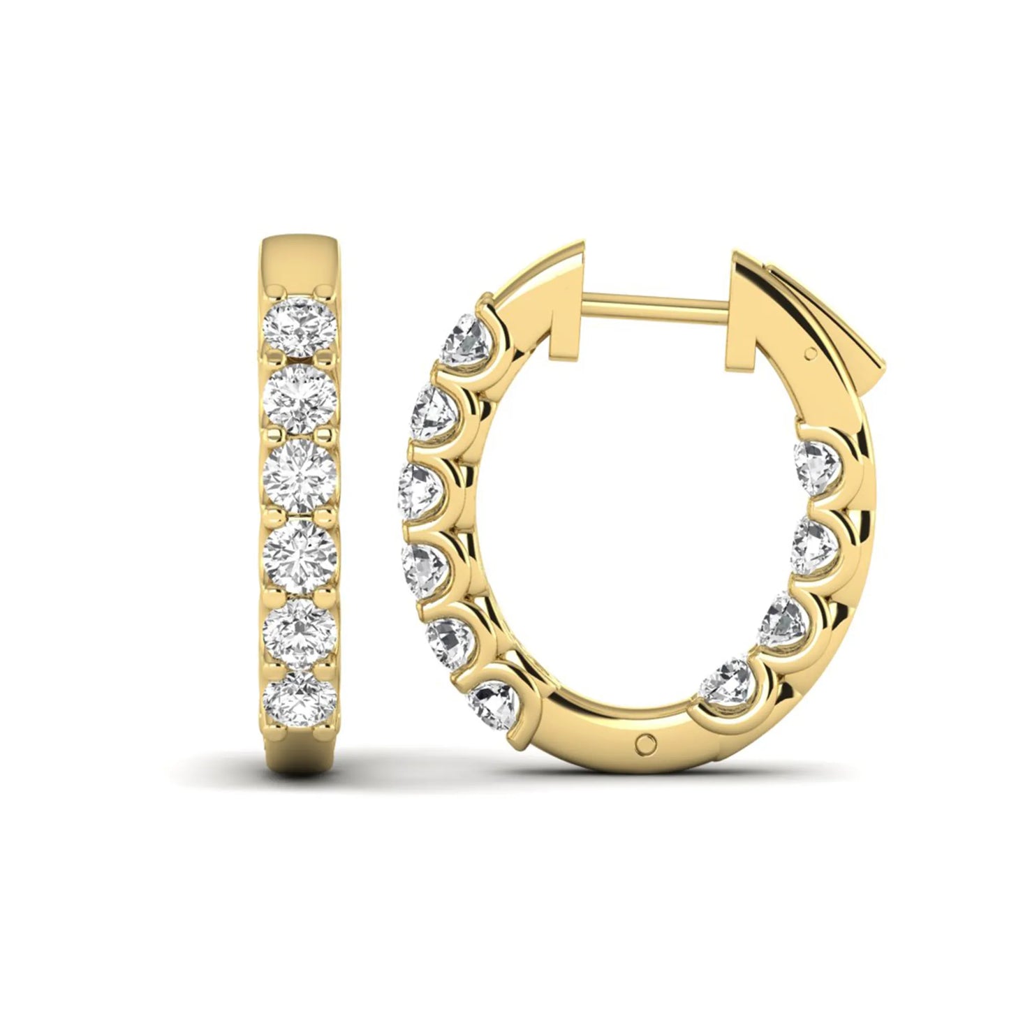 Round cut lab grown diamond inside-out hoop earrings featuring shared prong settings, hinged snap closure, and yellow gold tone design.