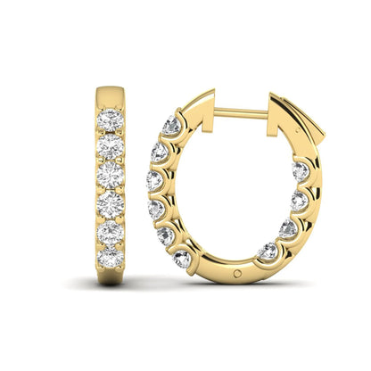 Round cut lab grown diamond inside-out hoop earrings featuring shared prong settings, hinged snap closure, and yellow gold tone design.