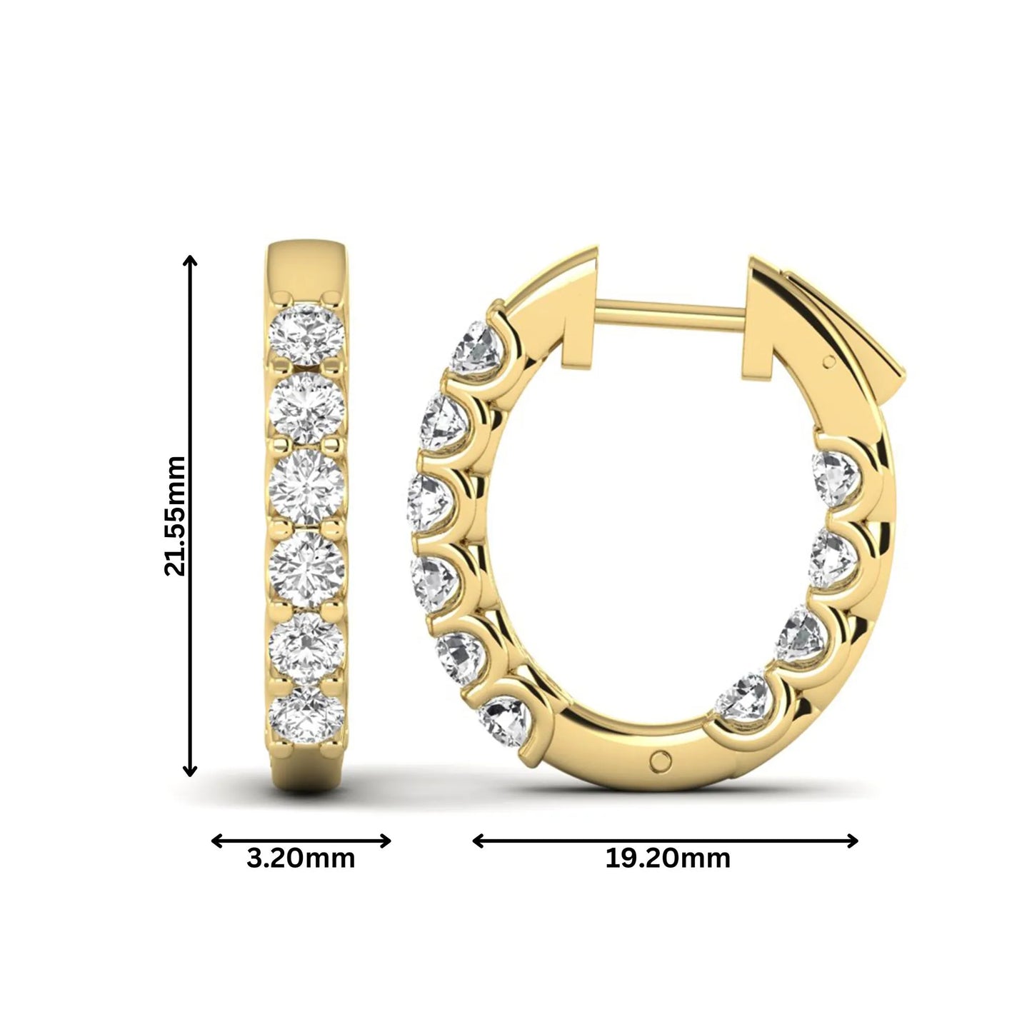 Round cut lab grown diamond inside-out hoop earrings featuring shared prong settings, hinged snap closure, and yellow gold tone design.