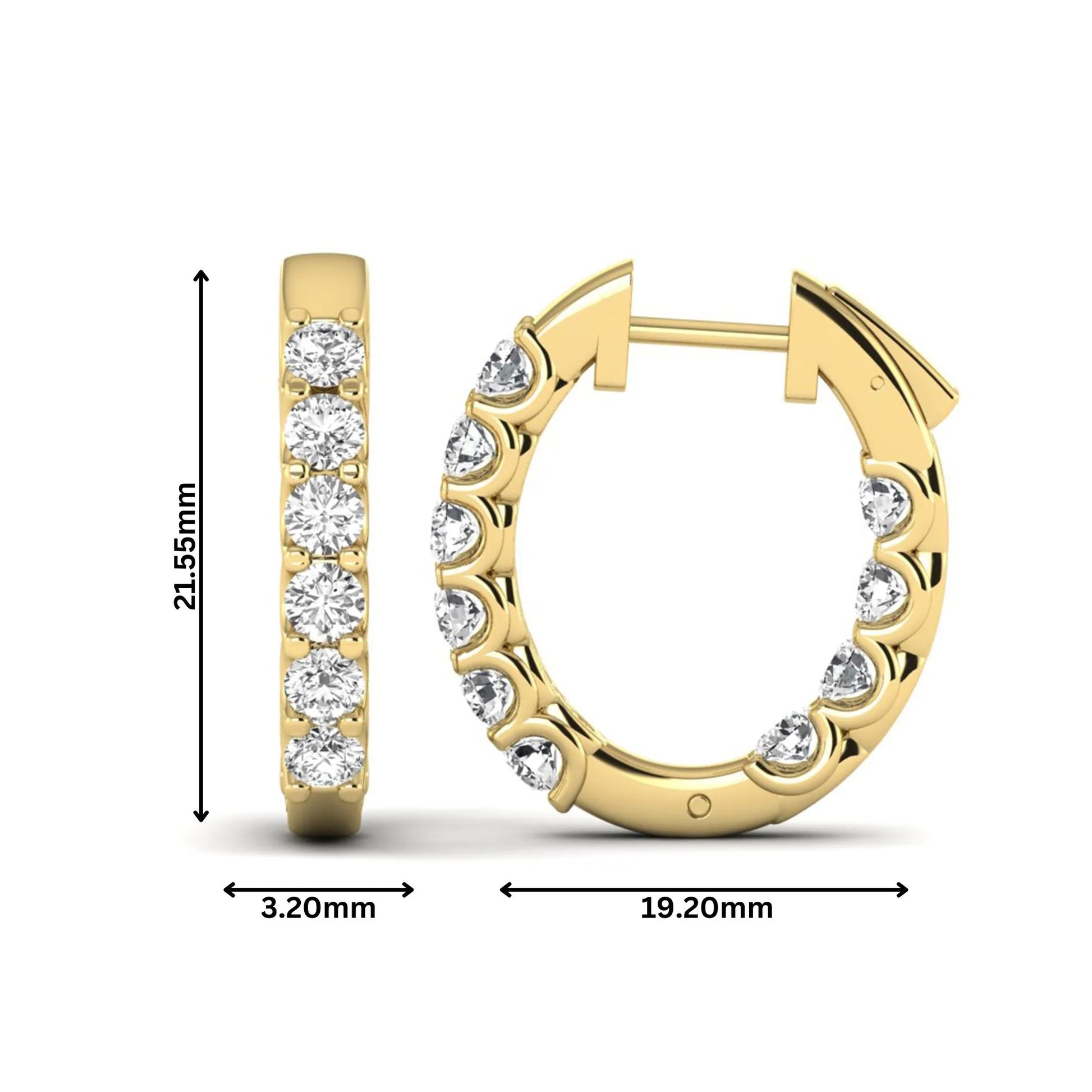 Round cut lab grown diamond inside-out hoop earrings featuring shared prong settings, hinged snap closure, and yellow gold tone design.