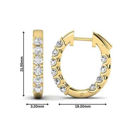 Round cut lab grown diamond inside-out hoop earrings featuring shared prong settings, hinged snap closure, and yellow gold tone design.