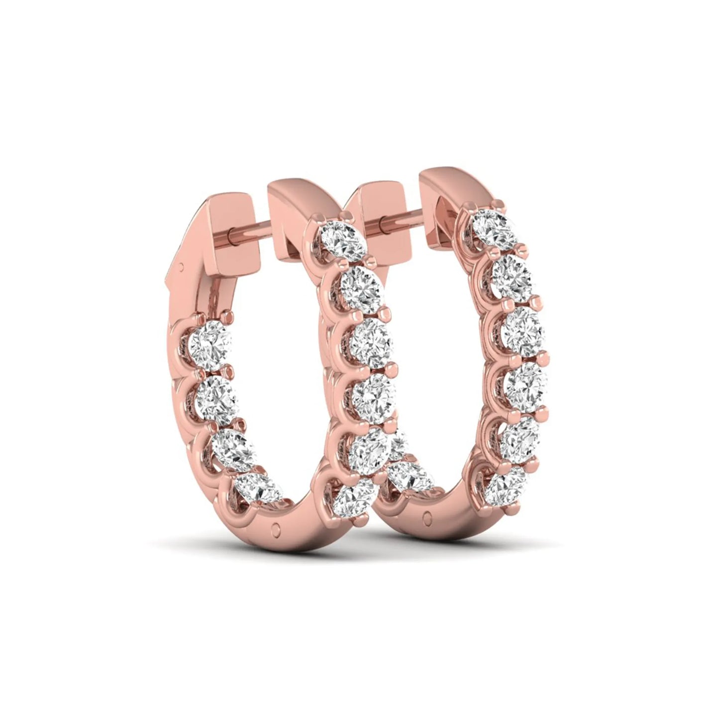 Round cut lab grown diamond inside-out hoop earrings featuring shared prong settings, hinged snap closure, and rose gold tone design.
