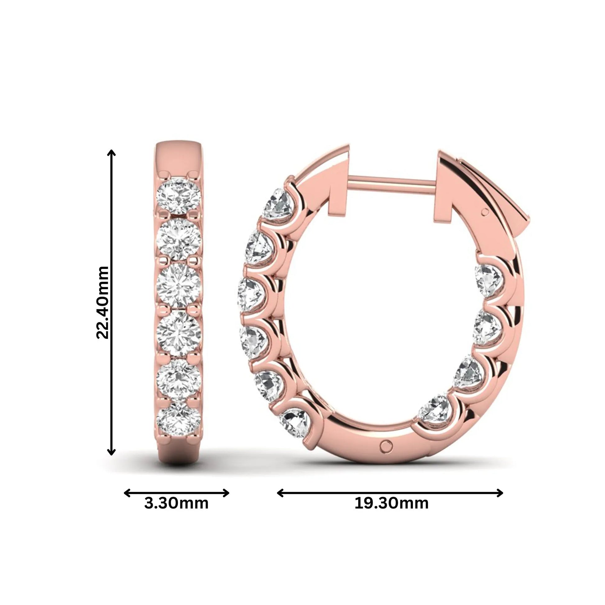 Round cut lab grown diamond inside-out hoop earrings featuring shared prong settings, hinged snap closure, and rose gold tone design.