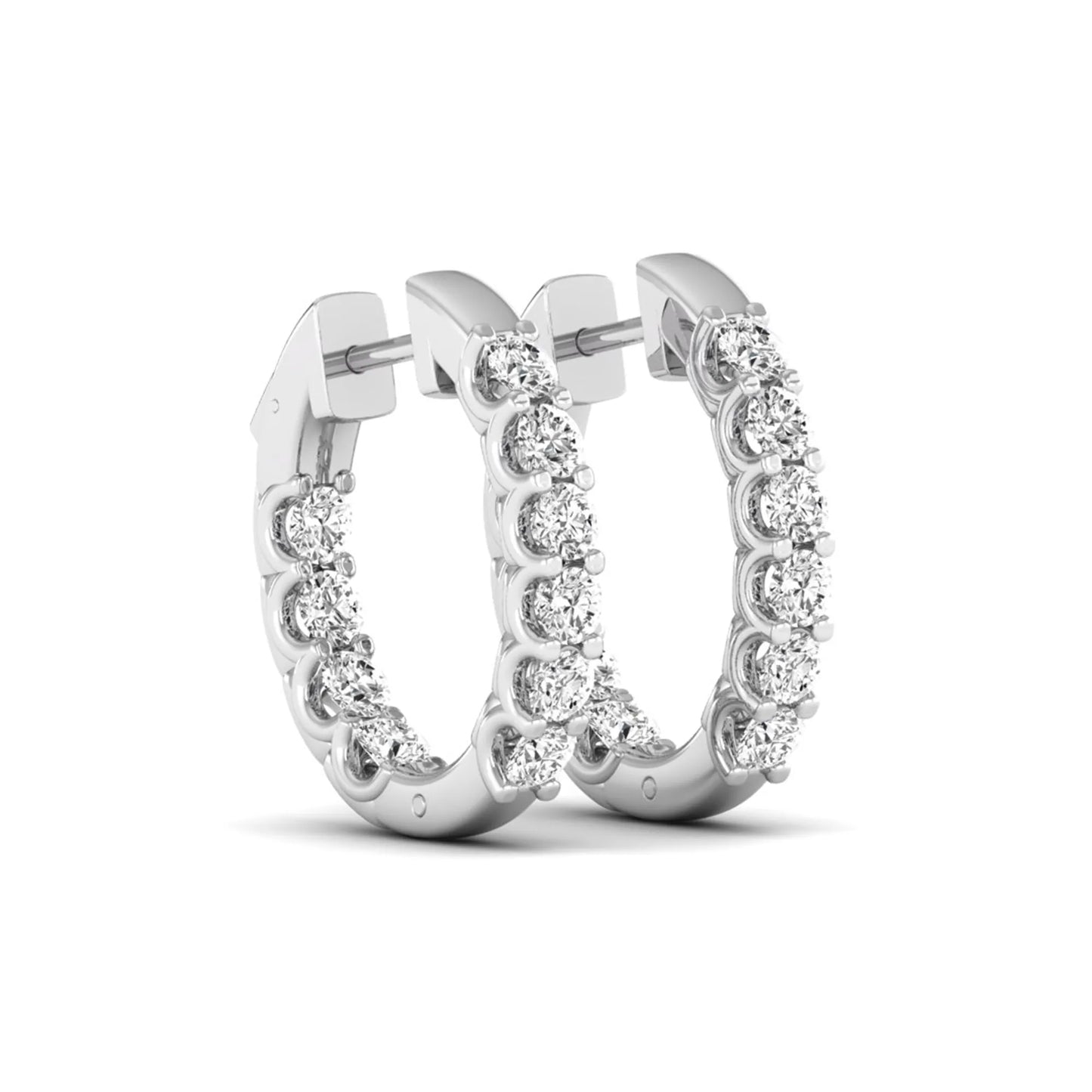 Round cut lab grown diamond inside-out hoop earrings featuring shared prong settings, hinged snap closure, and white gold tone design.
