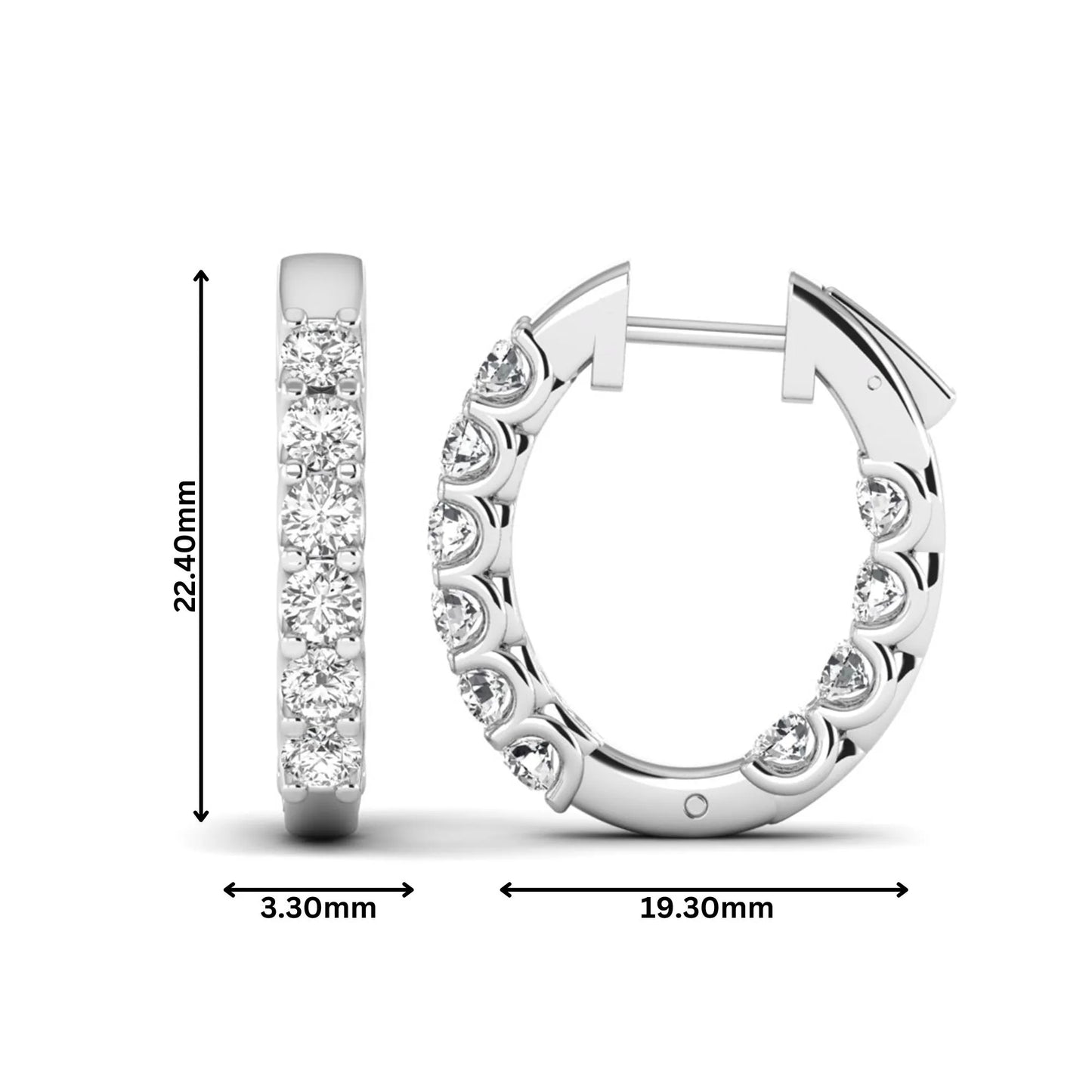 Round cut lab grown diamond inside-out hoop earrings featuring shared prong settings, hinged snap closure, and white gold tone design.