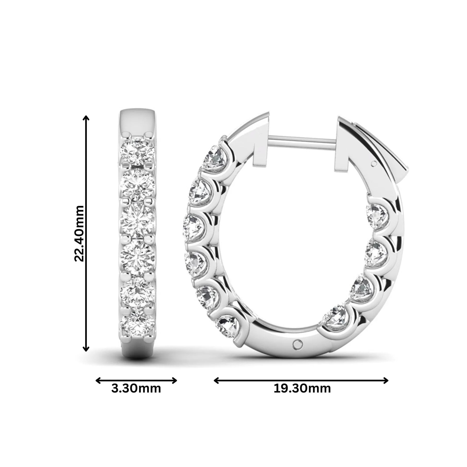 Round cut lab grown diamond inside-out hoop earrings featuring shared prong settings, hinged snap closure, and white gold tone design.