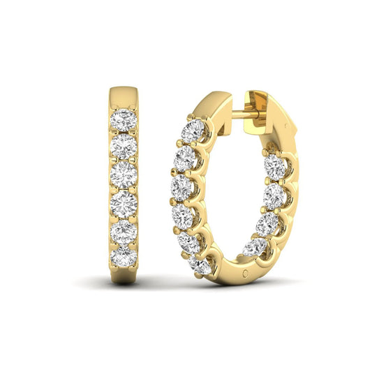 Round cut lab grown diamond inside-out hoop earrings featuring shared prong settings, hinged snap closure, and yellow gold tone design.