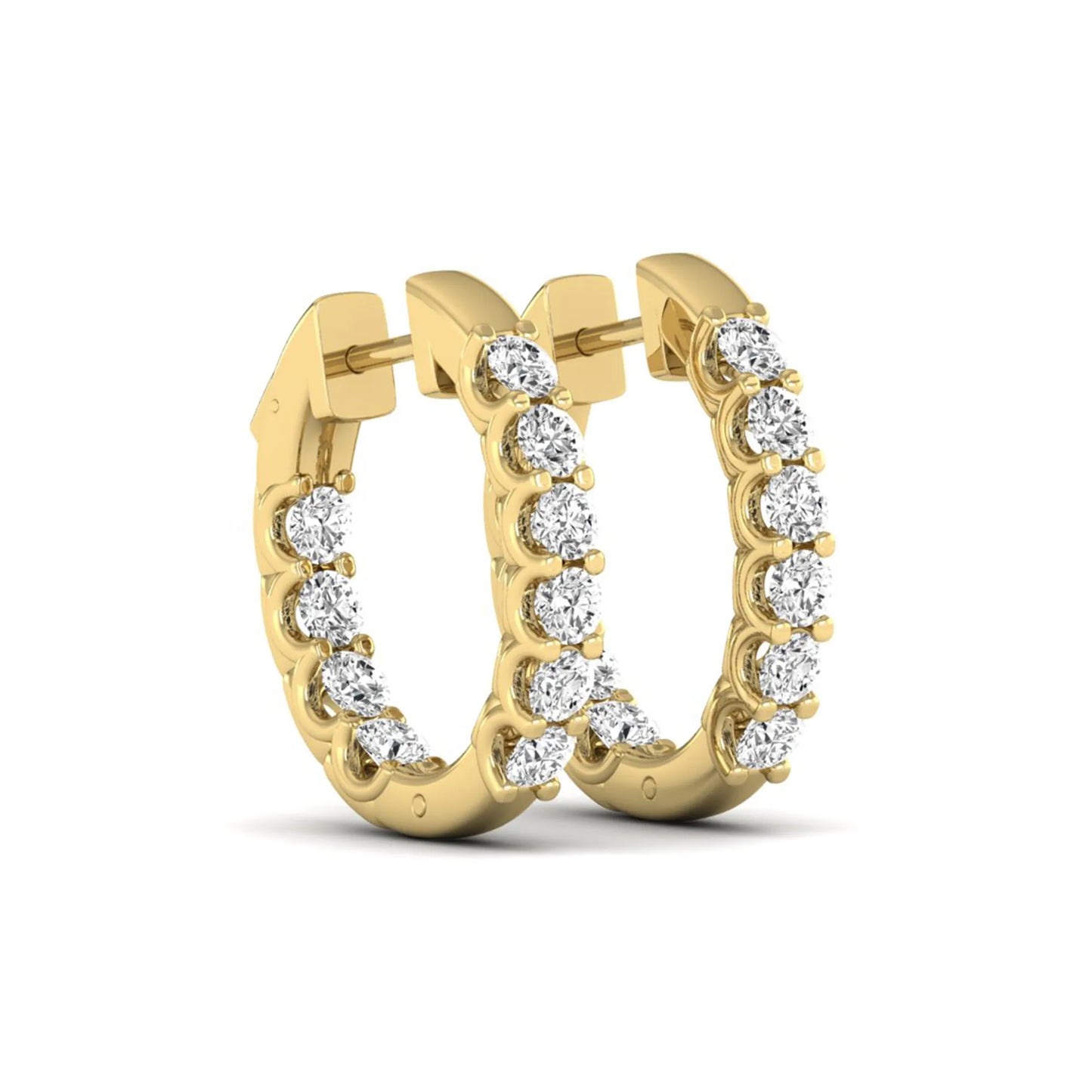 Round cut lab grown diamond inside-out hoop earrings featuring shared prong settings, hinged snap closure, and yellow gold tone design.