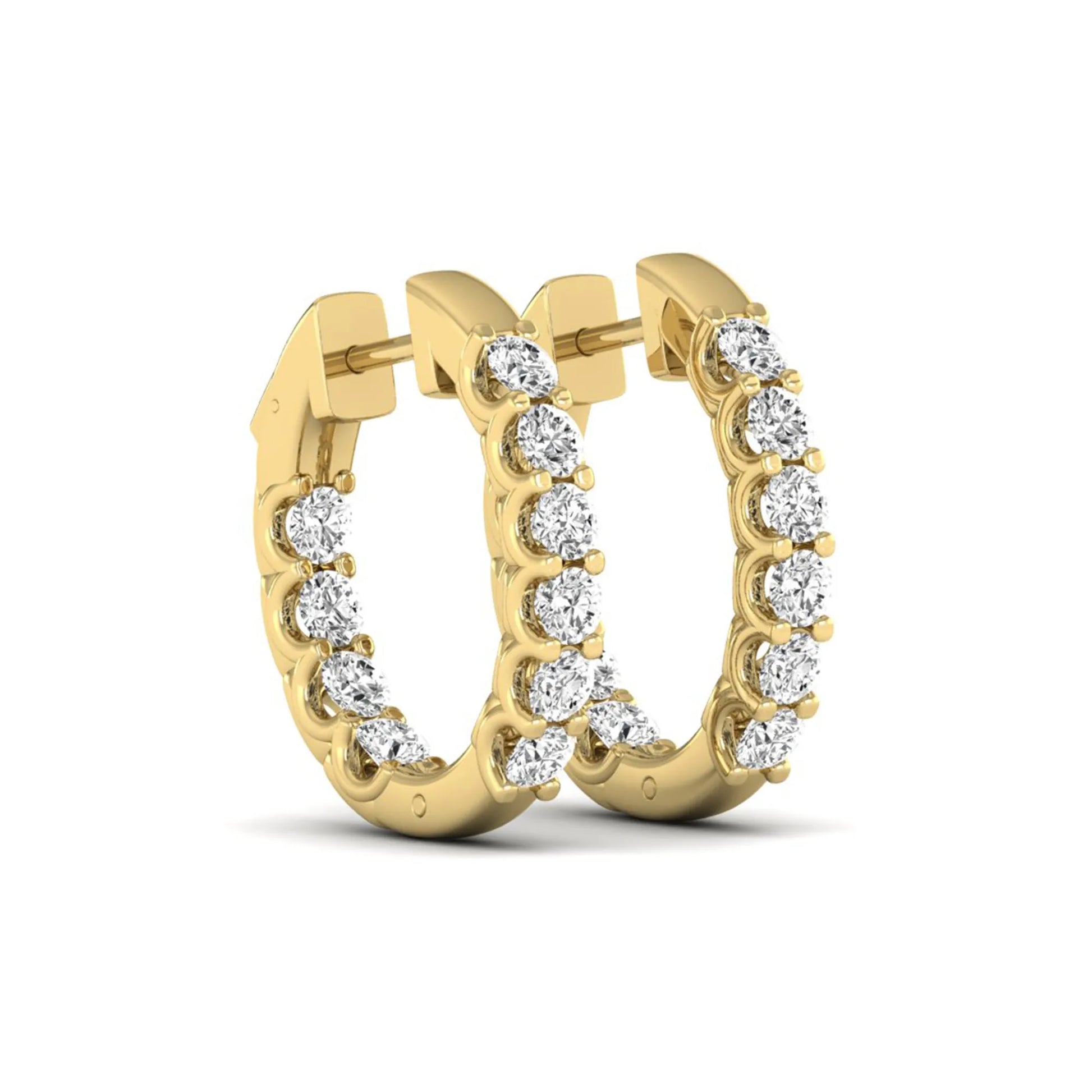 Round cut lab grown diamond inside-out hoop earrings featuring shared prong settings, hinged snap closure, and yellow gold tone design.