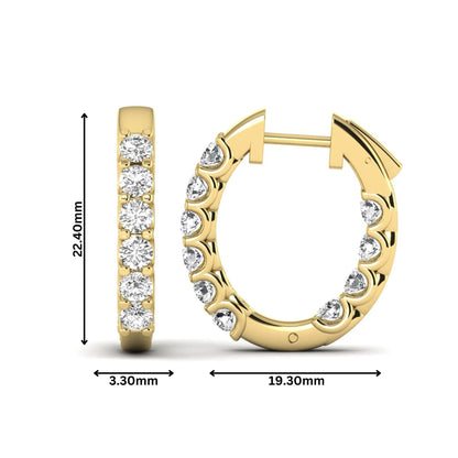 Round cut lab grown diamond inside-out hoop earrings featuring shared prong settings, hinged snap closure, and yellow gold tone design.