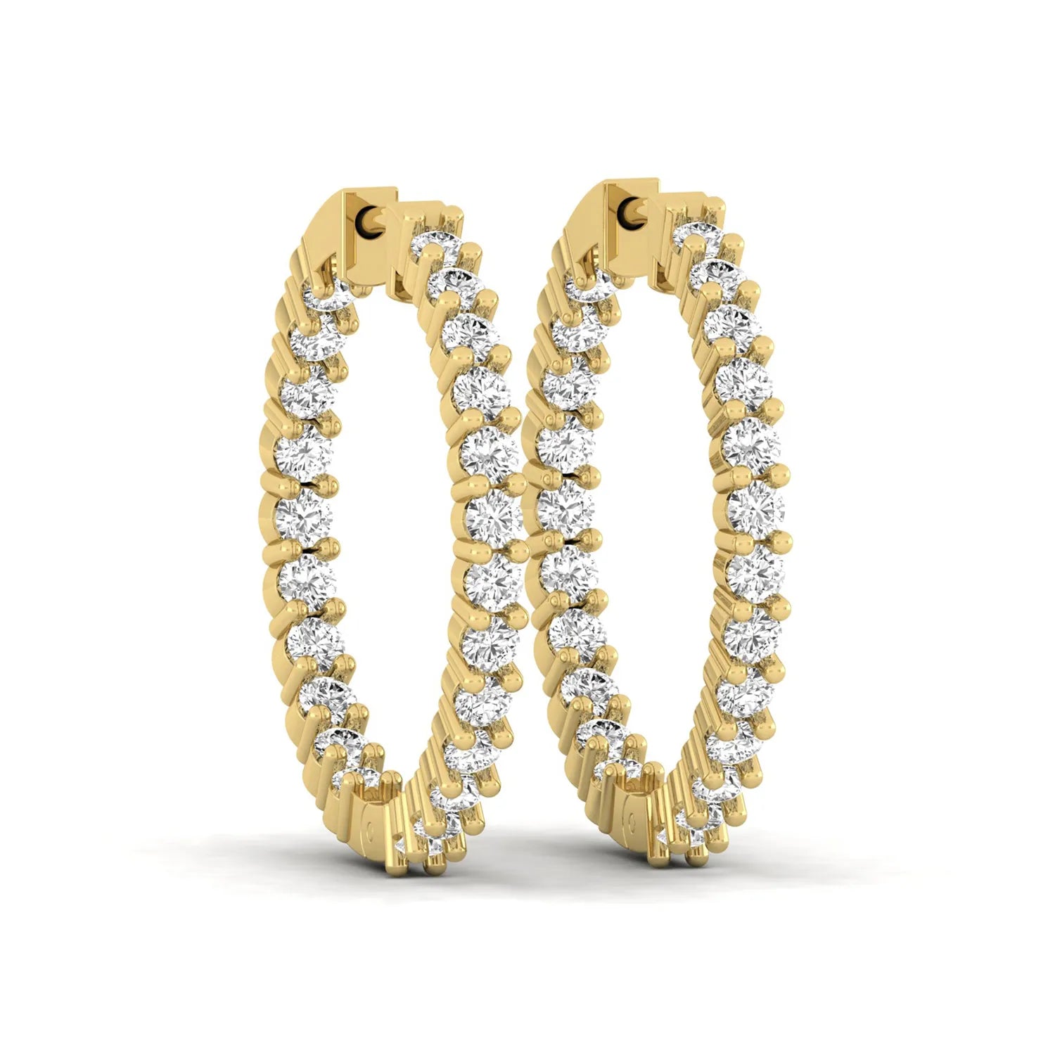 yellow gold Round cut lab grown diamond inside-out hoop earrings with hinged hoop closure