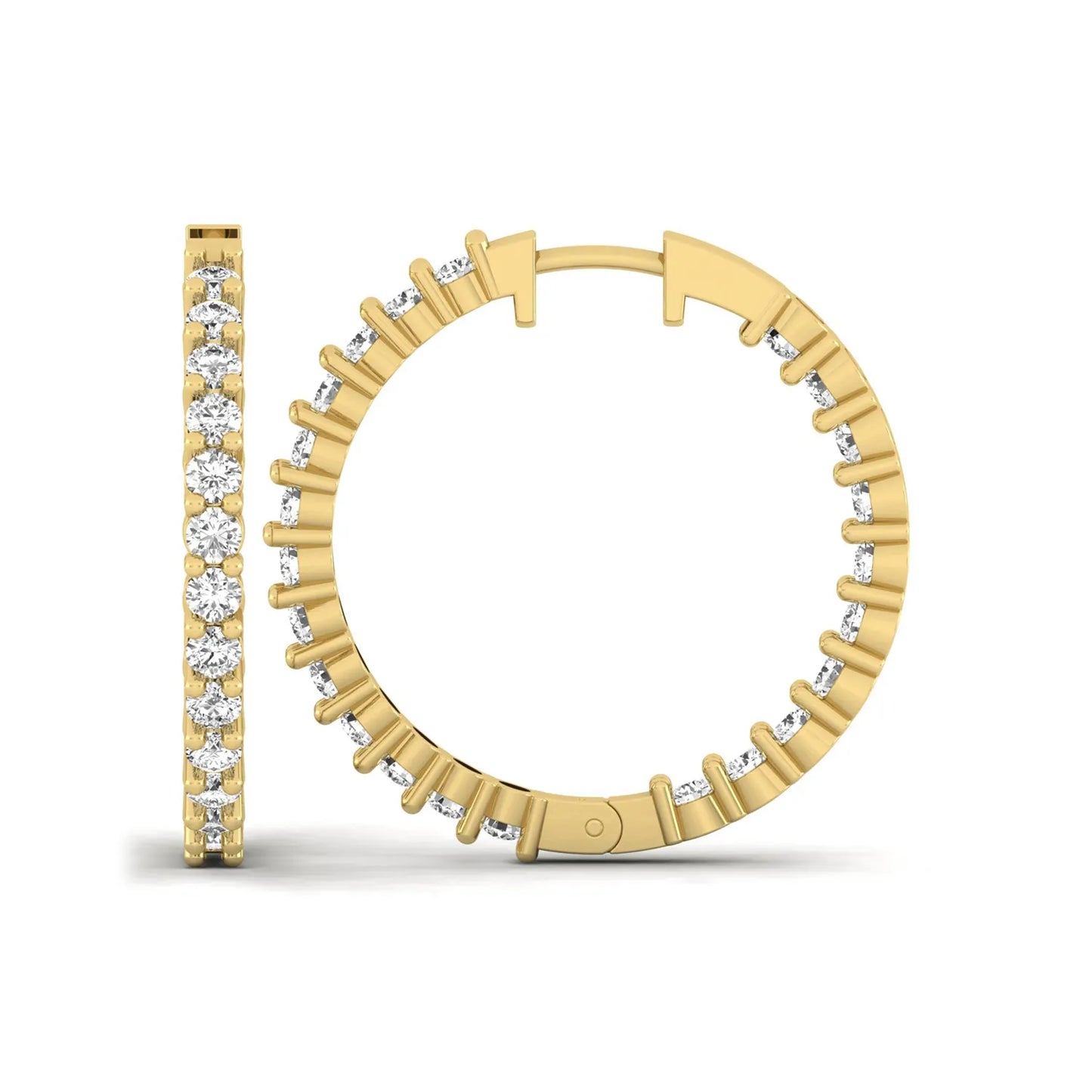 yellow gold Round cut lab grown diamond inside-out hoop earrings with hinged hoop closure