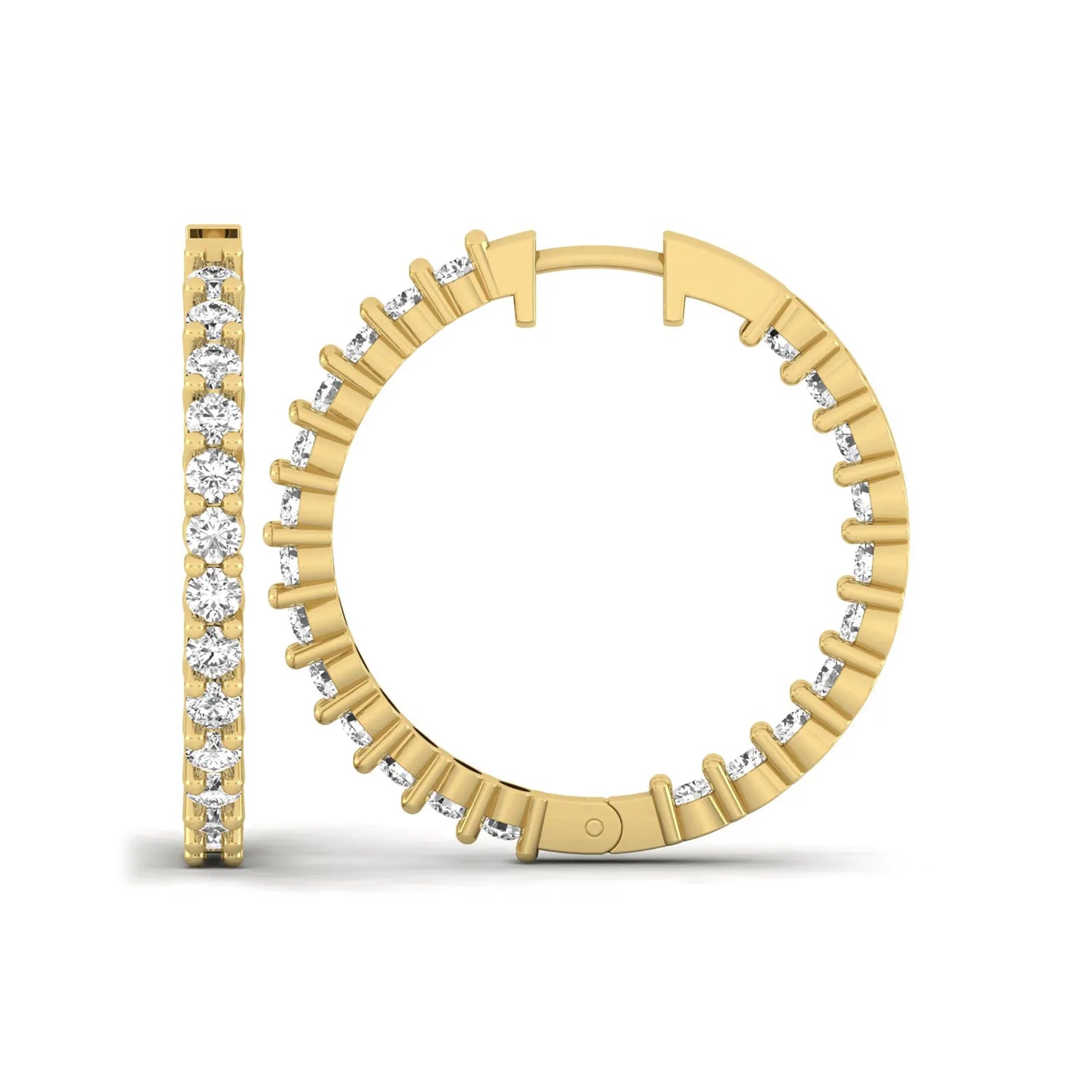 yellow gold Round cut lab grown diamond inside-out hoop earrings with hinged hoop closure