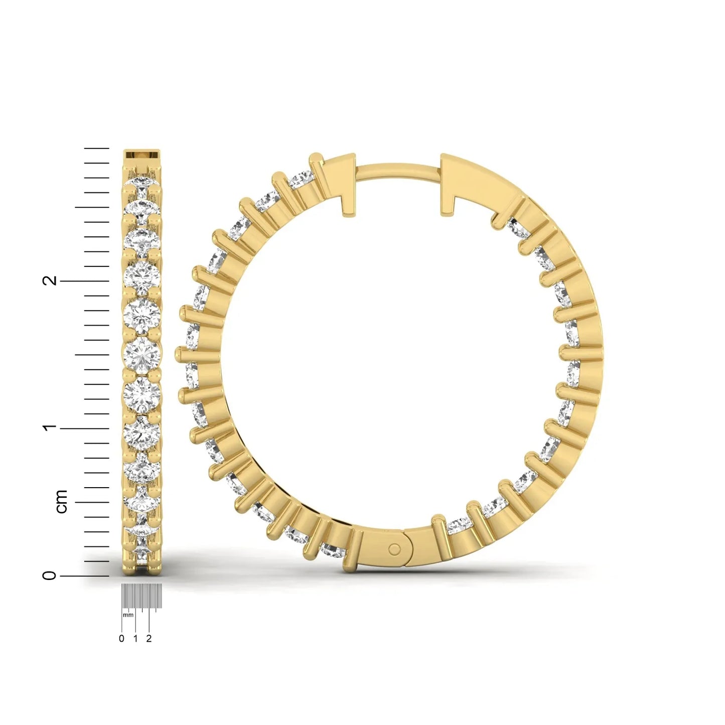 yellow gold Round cut lab grown diamond inside-out hoop earrings with hinged hoop closure