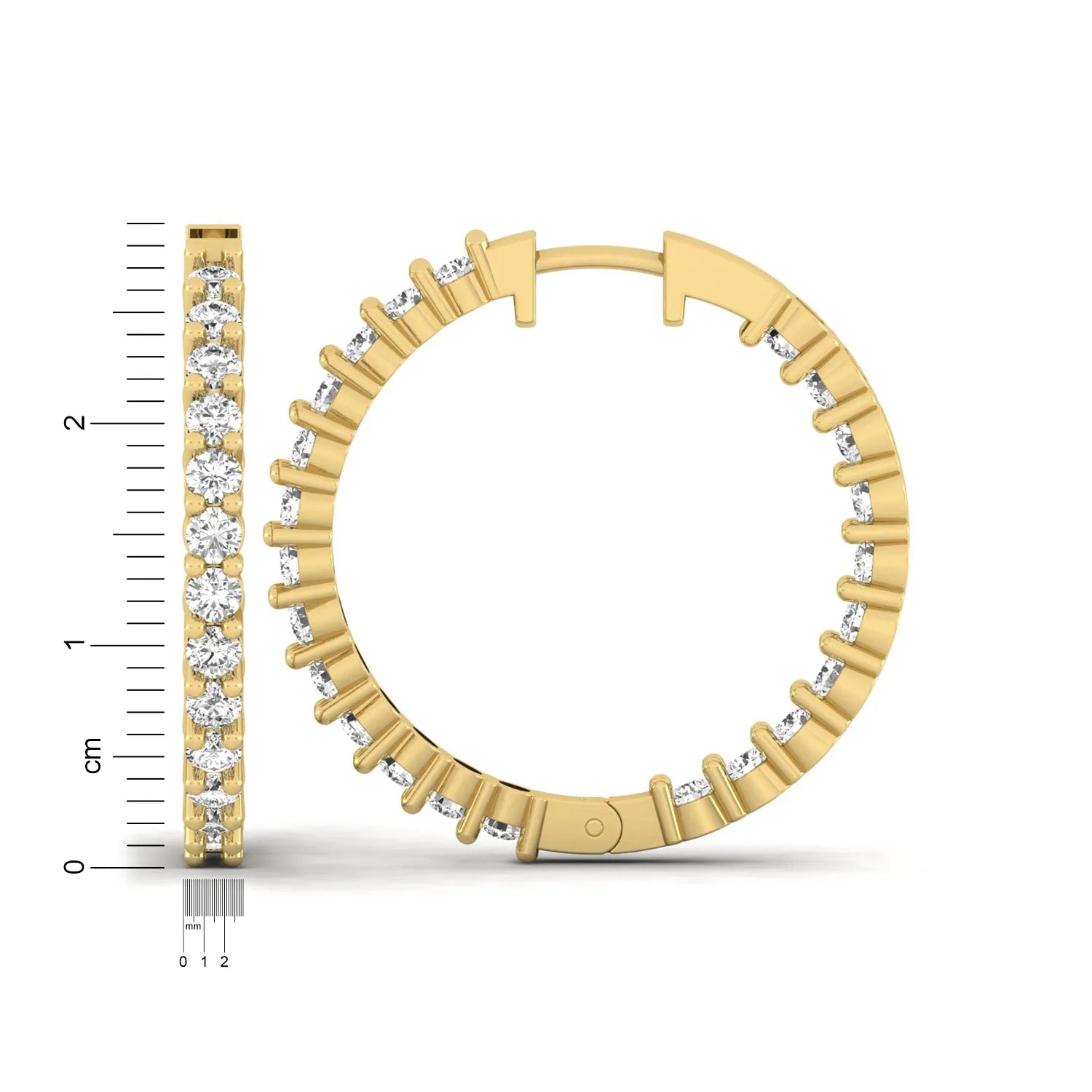 yellow gold Round cut lab grown diamond inside-out hoop earrings with hinged hoop closure