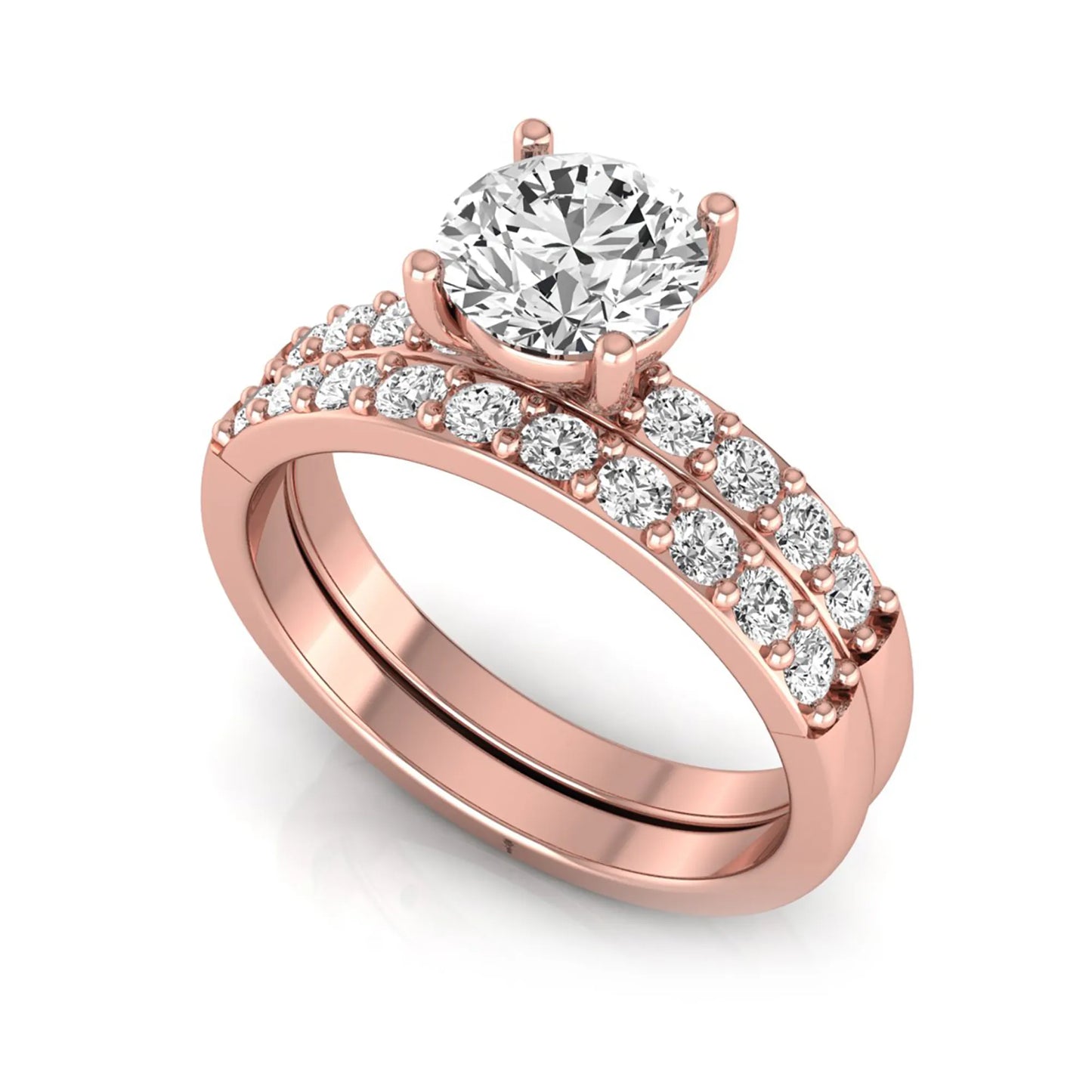 Round cut lab grown diamond bridal ring set featuring a 1.03 carat IGI certified solitaire engagement ring with a double pavé diamond band and matching diamond wedding band in polished rose gold.