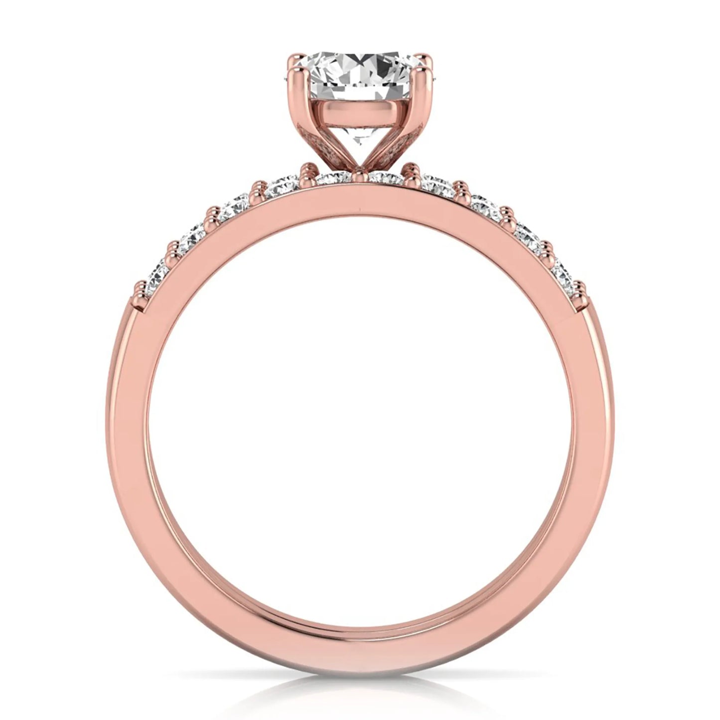 Round cut lab grown diamond bridal ring set featuring a 1.03 carat IGI certified solitaire engagement ring with a double pavé diamond band and matching diamond wedding band in polished rose gold.