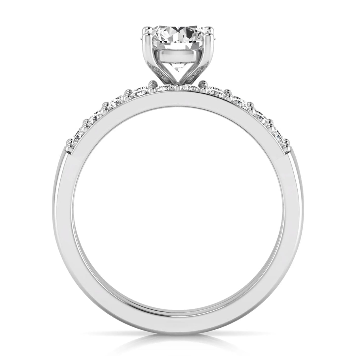 Round cut lab grown diamond bridal ring set featuring a 1.03 carat IGI certified solitaire engagement ring with a double pavé diamond band and matching diamond wedding band in polished white gold.