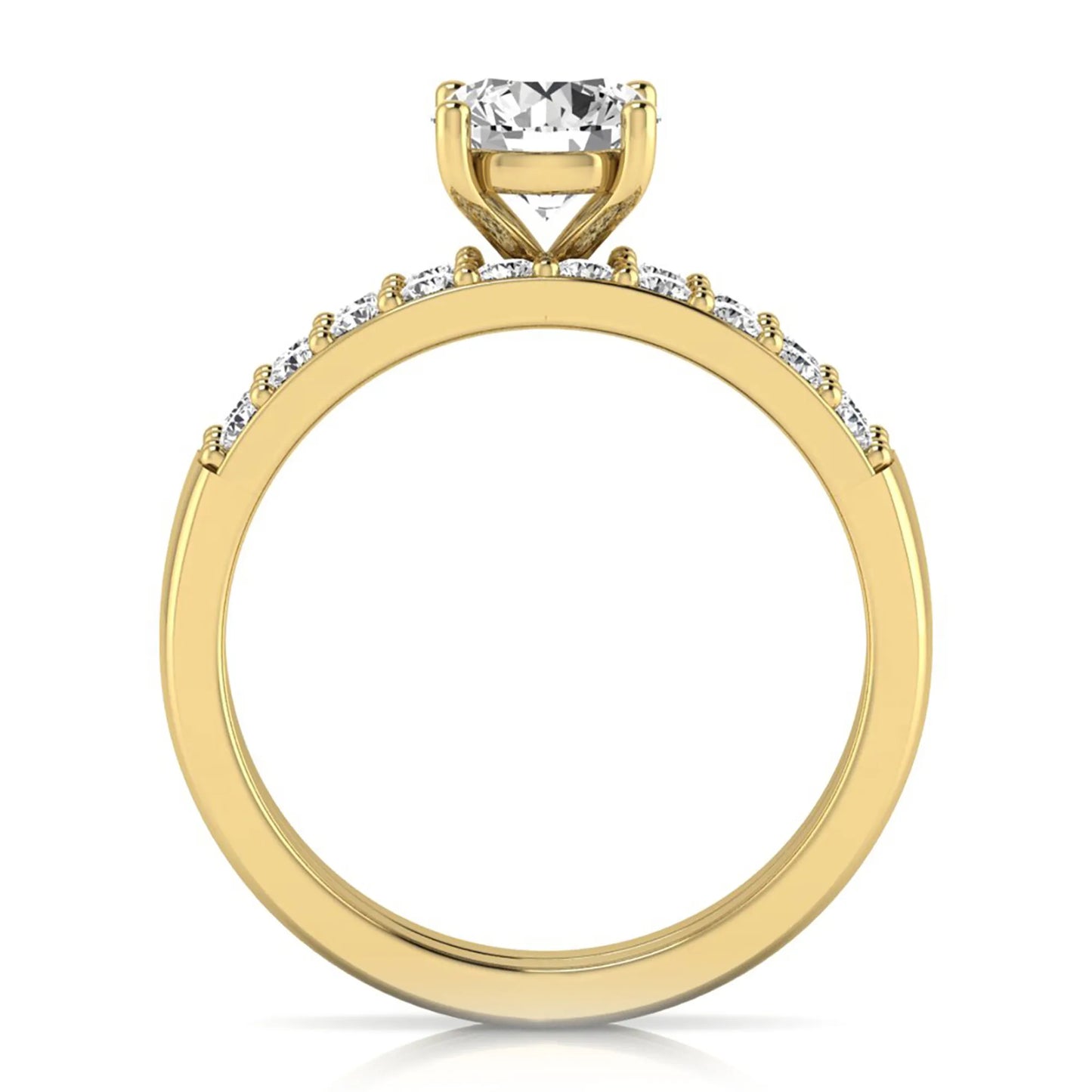 Round cut lab grown diamond bridal ring set featuring a 1.03 carat IGI certified solitaire engagement ring with a double pavé diamond band and matching diamond wedding band in polished yellow gold.