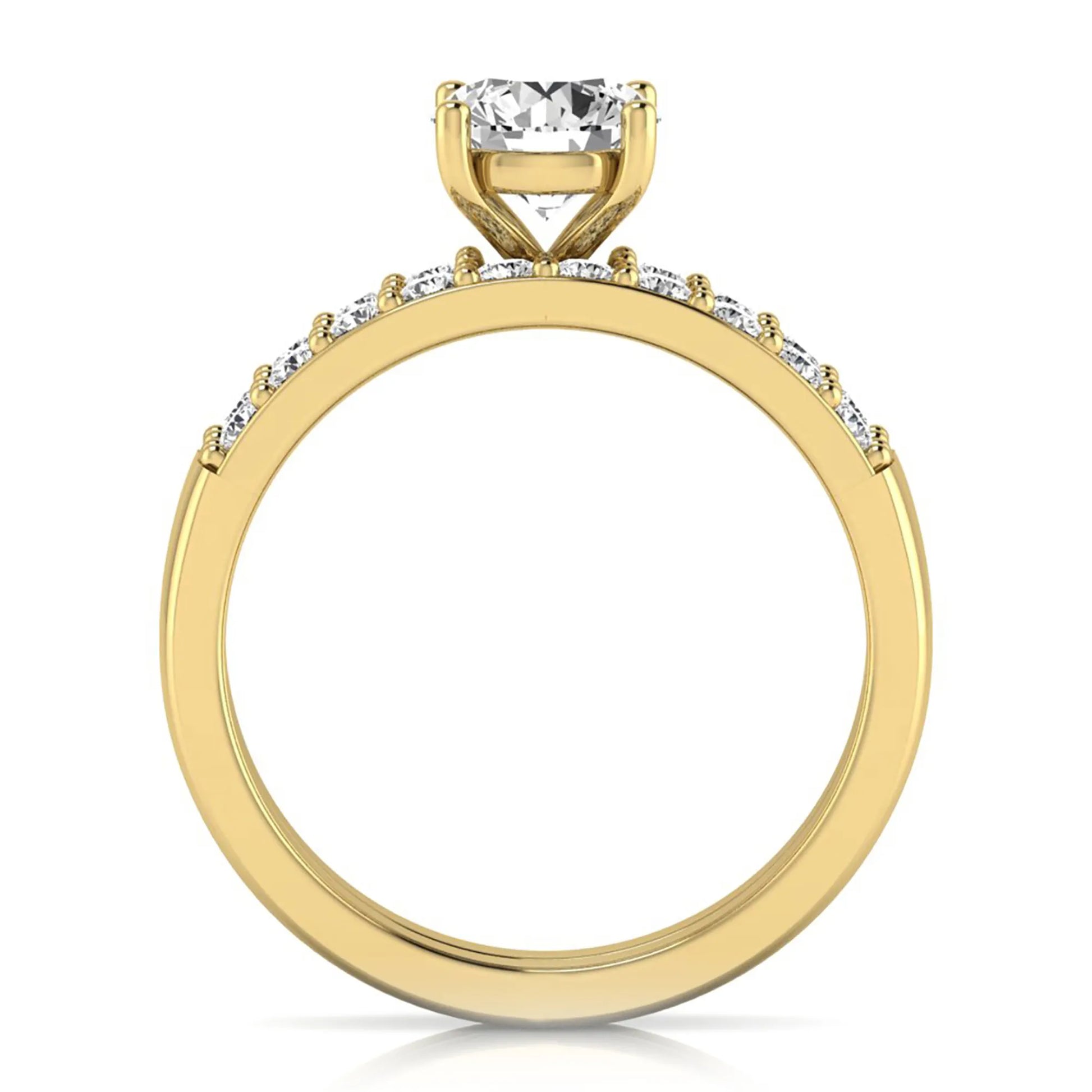 Round cut lab grown diamond bridal ring set featuring a 1.03 carat IGI certified solitaire engagement ring with a double pavé diamond band and matching diamond wedding band in polished yellow gold.