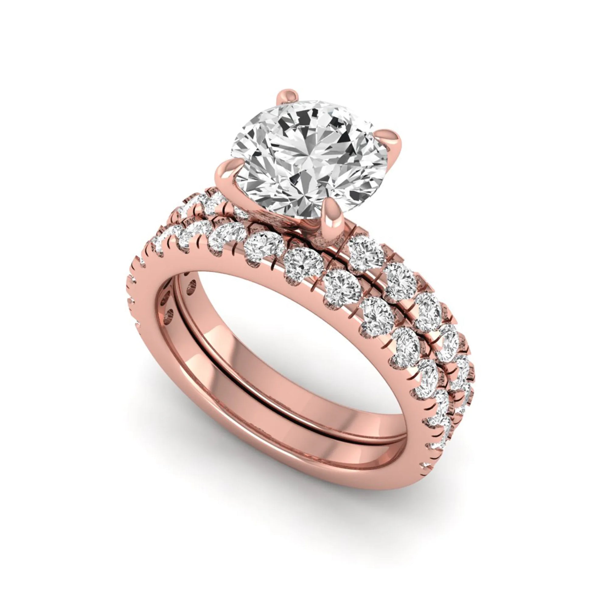 Round cut lab grown diamond bridal ring set in rose gold featuring a 1.67 carat IGI certified center diamond with matching diamond wedding band.