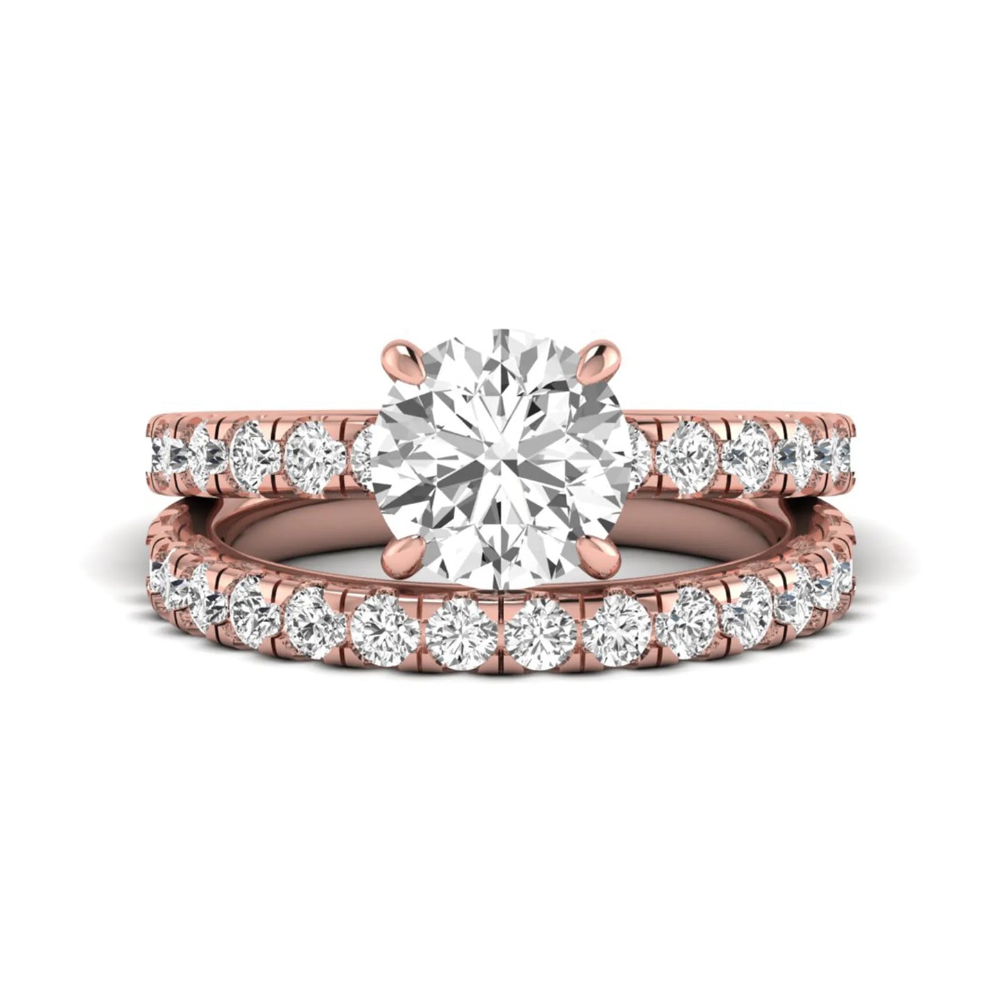 Round cut lab grown diamond bridal ring set in rose gold featuring a 1.67 carat IGI certified center diamond with matching diamond wedding band.