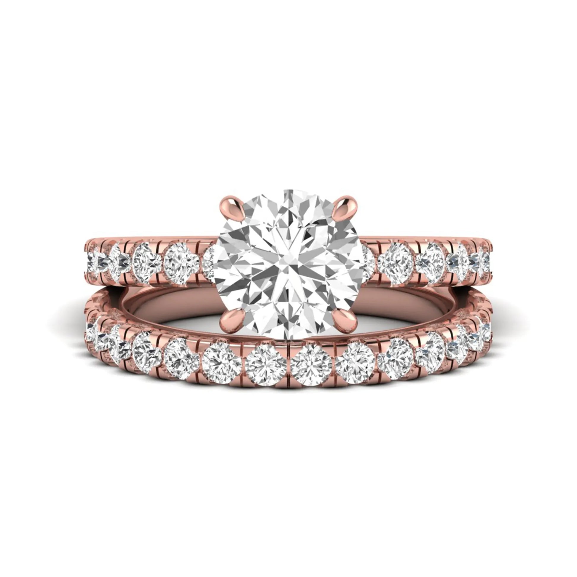 Round cut lab grown diamond bridal ring set in rose gold featuring a 1.67 carat IGI certified center diamond with matching diamond wedding band.