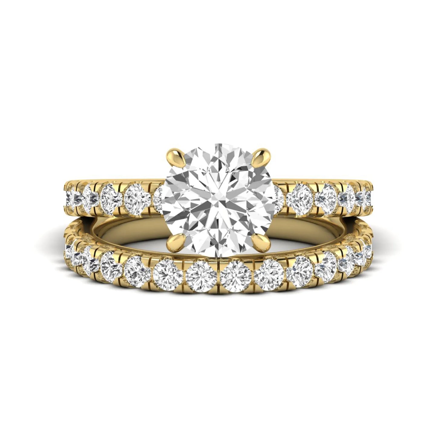 Round cut lab grown diamond bridal ring set in yellow gold featuring a 1.67 carat IGI certified center diamond with matching diamond wedding band.