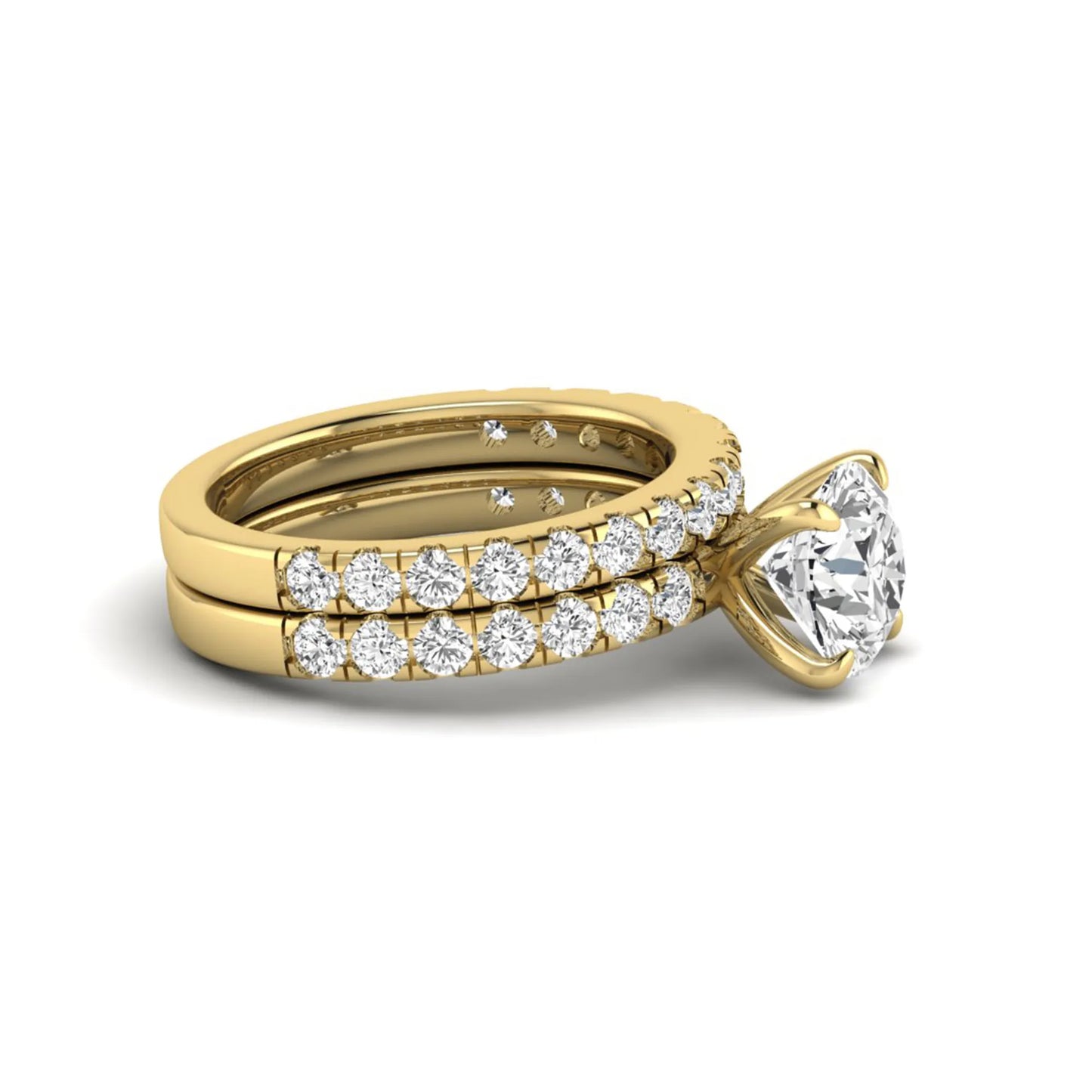 Round cut lab grown diamond bridal ring set in yellow gold featuring a 1.67 carat IGI certified center diamond with matching diamond wedding band.