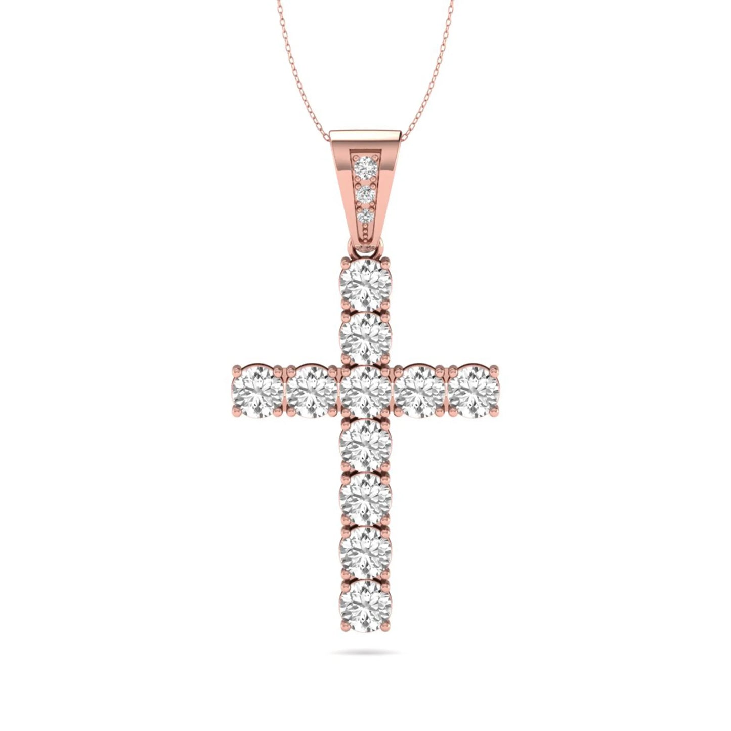 Round brilliant lab grown diamond cross pendant in a classic prong setting with a polished rose gold  metal bail, pendant only without chain.