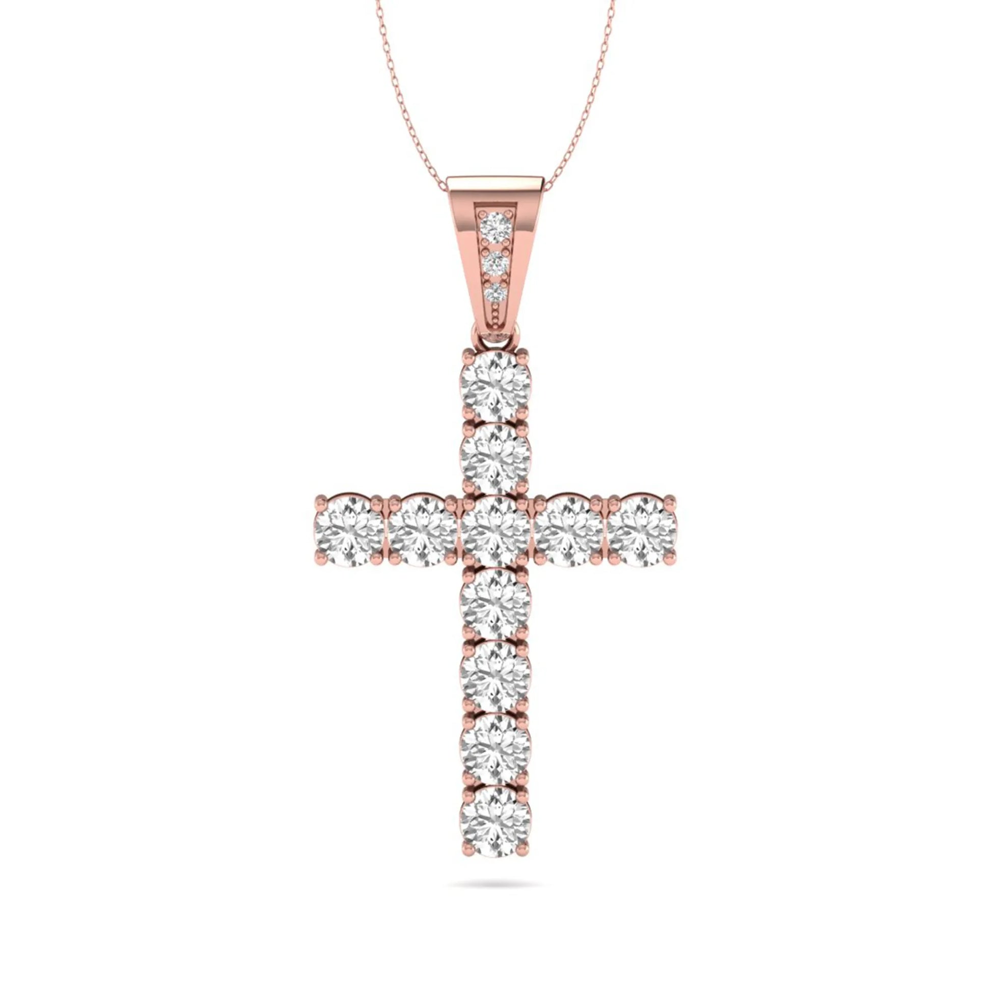 Round brilliant lab grown diamond cross pendant in a classic prong setting with a polished rose gold  metal bail, pendant only without chain.