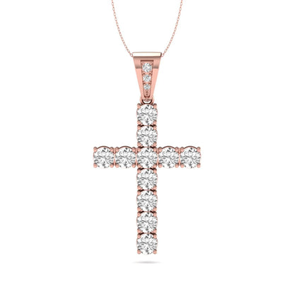 Round brilliant lab grown diamond cross pendant in a classic prong setting with a polished rose gold  metal bail, pendant only without chain.