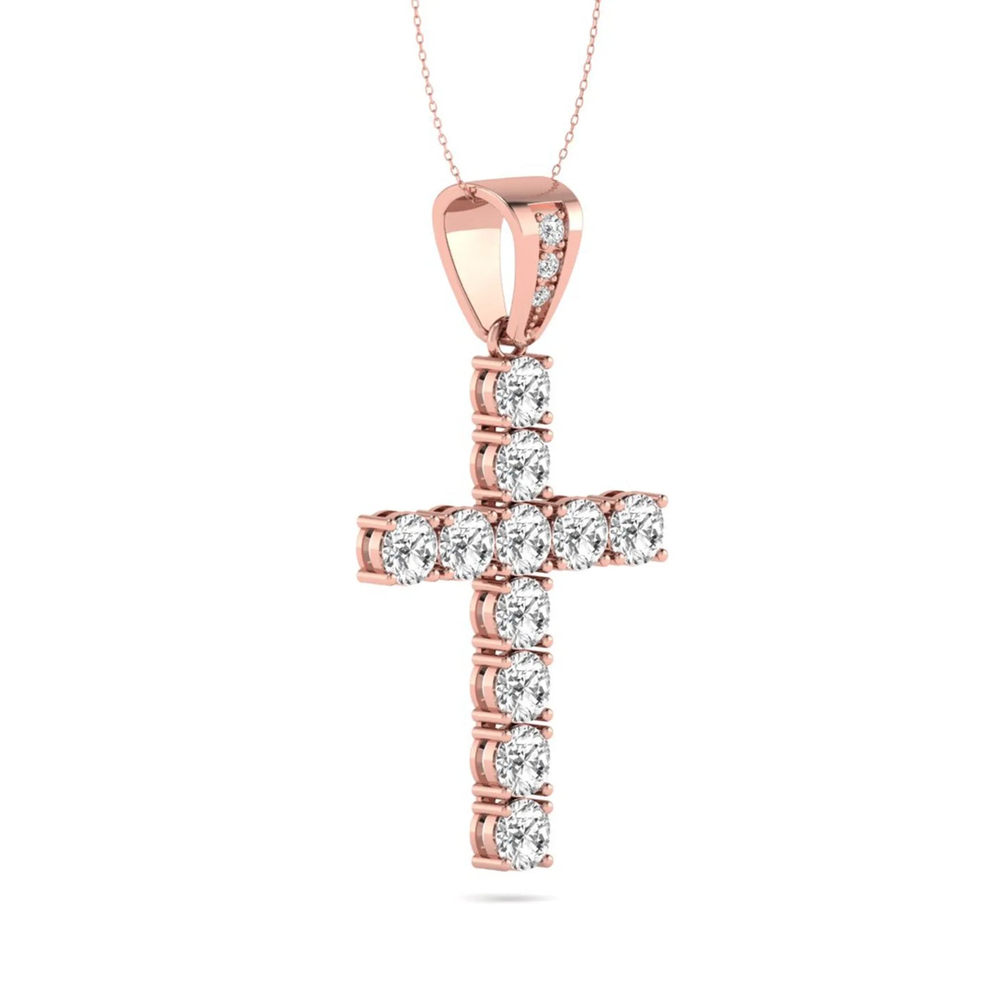 Round brilliant lab grown diamond cross pendant in a classic prong setting with a polished rose gold  metal bail, pendant only without chain.