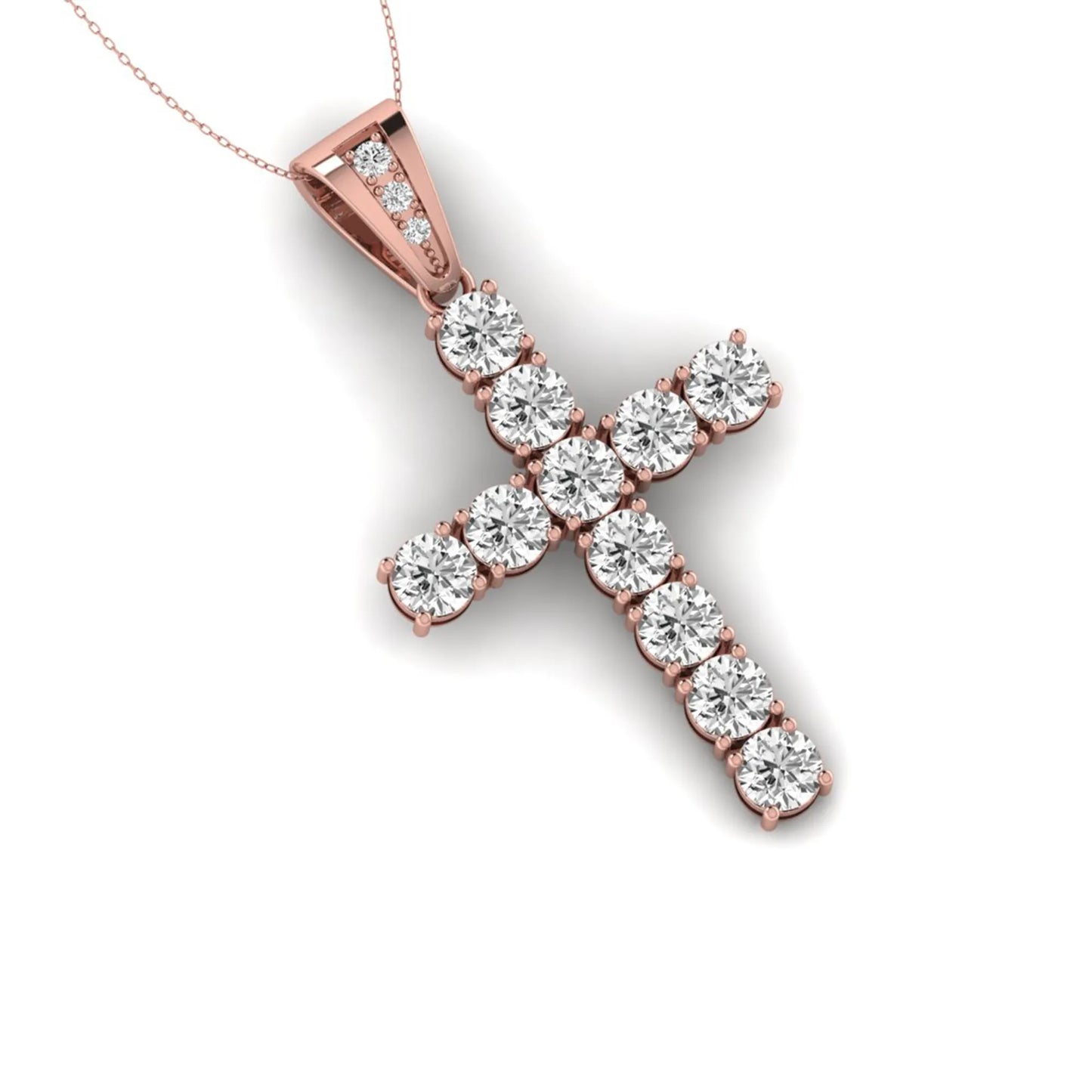 Round brilliant lab grown diamond cross pendant in a classic prong setting with a polished rose gold  metal bail, pendant only without chain.