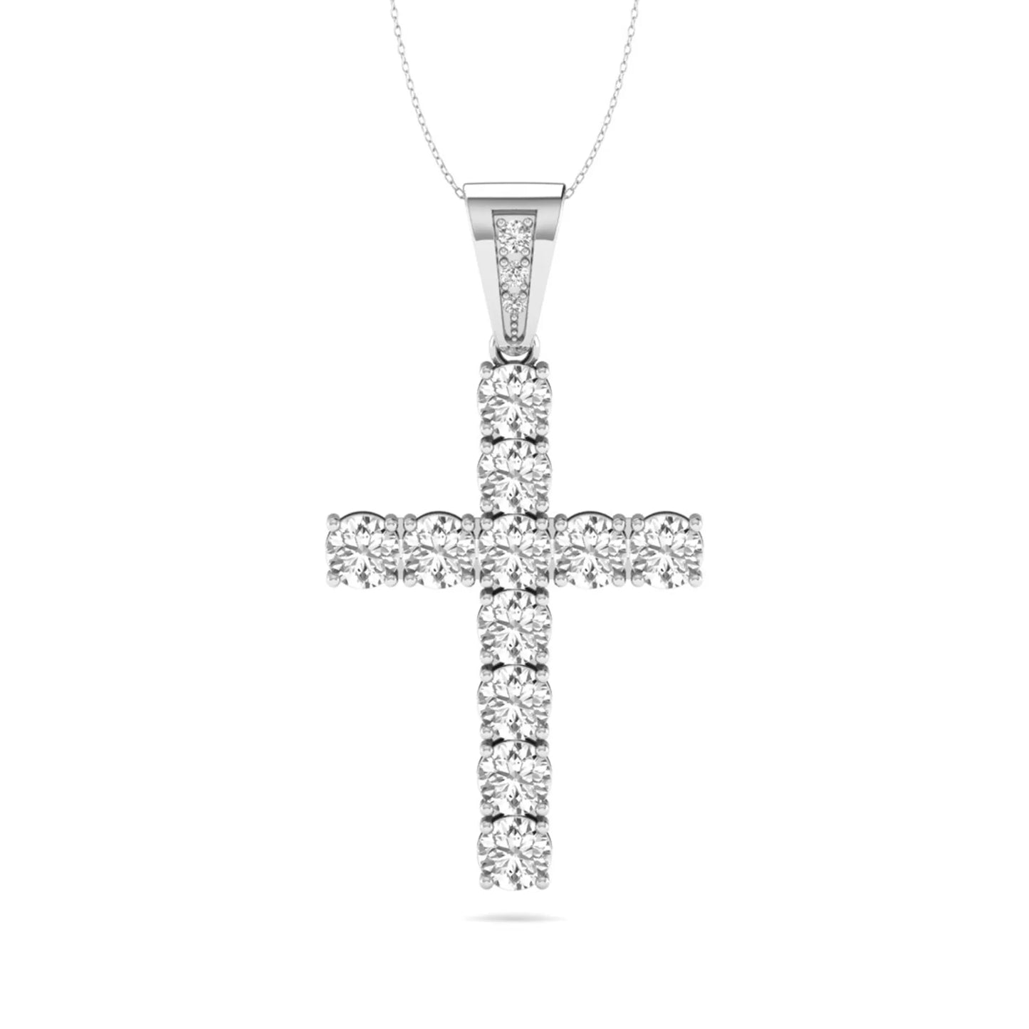 Round brilliant lab grown diamond cross pendant in a classic prong setting with a polished white gold  metal bail, pendant only without chain.